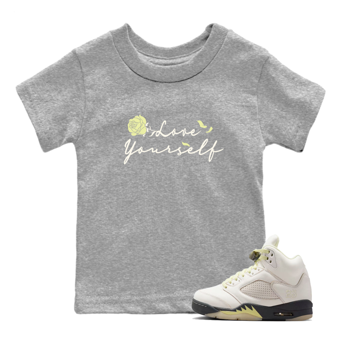 Sneaker match tees – Streetwear Graphic Tees Air Jordan 5 Luminous Green Sneakers – Love Yourself Kids Craphic T-Shirt Heather Grey 1