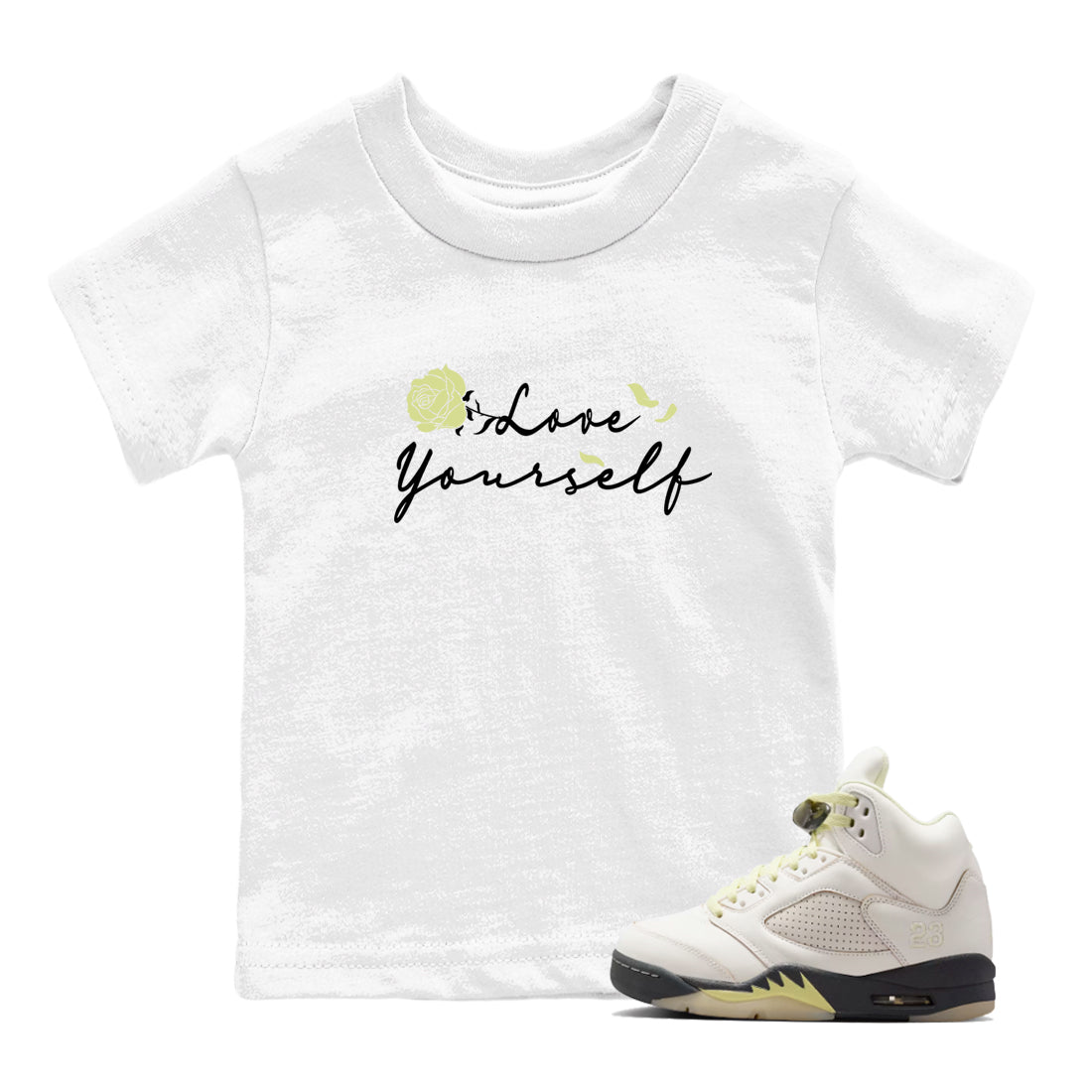 Sneaker match tees – Streetwear Graphic Tees Air Jordan 5 Luminous Green Sneakers – Love Yourself Kids Craphic T-Shirt White 1