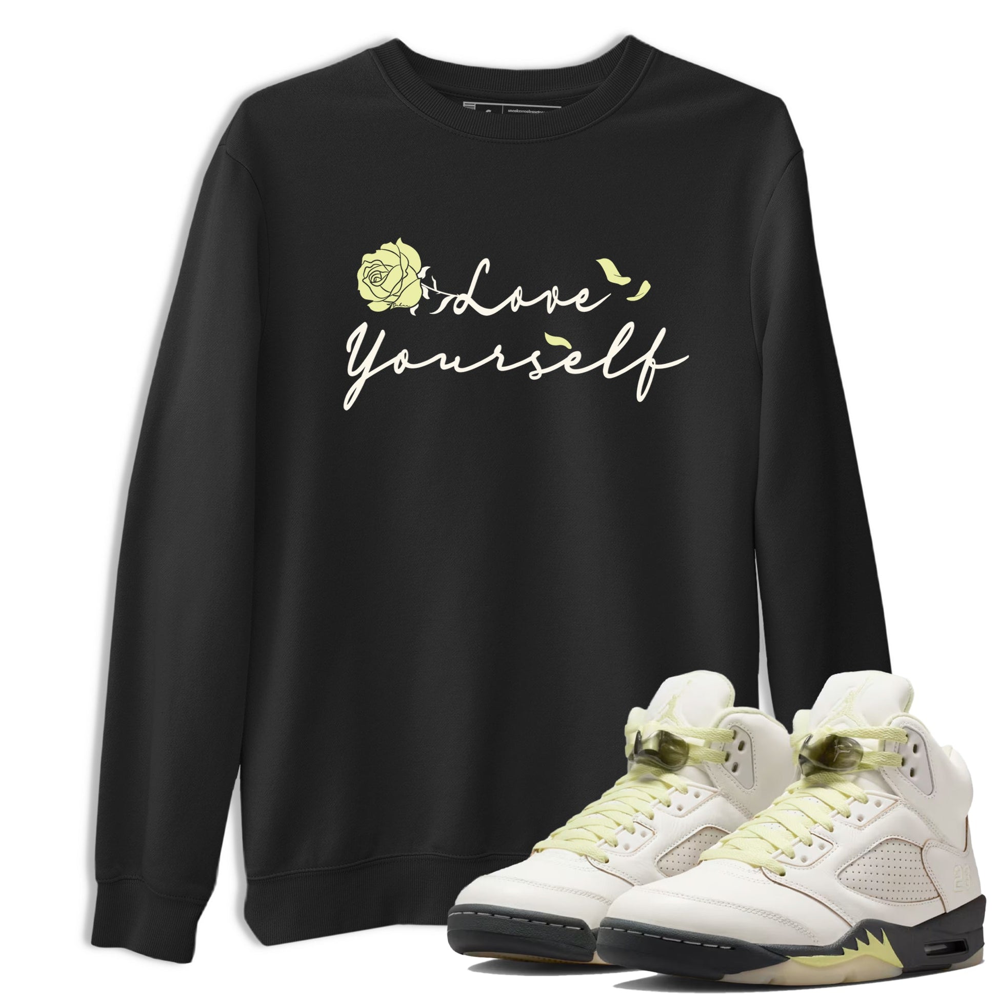 Sneaker match tees – Streetwear Graphic Tees Air Jordan 5 Luminous Green Sneakers – Love Yourself Graphic Tee Black 1