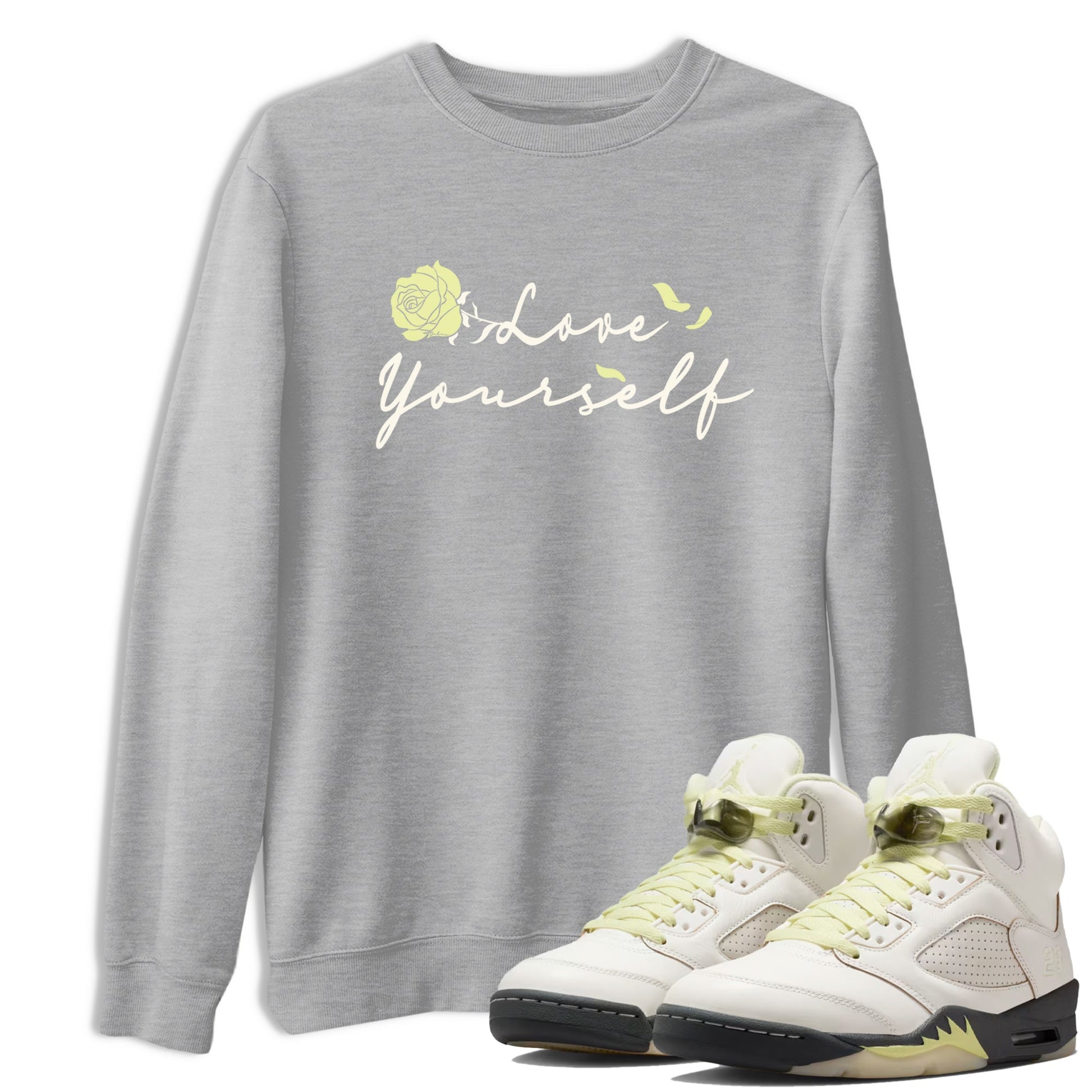 Sneaker match tees – Streetwear Graphic Tees Air Jordan 5 Luminous Green Sneakers – Love Yourself Graphic Tee Heather Grey 1