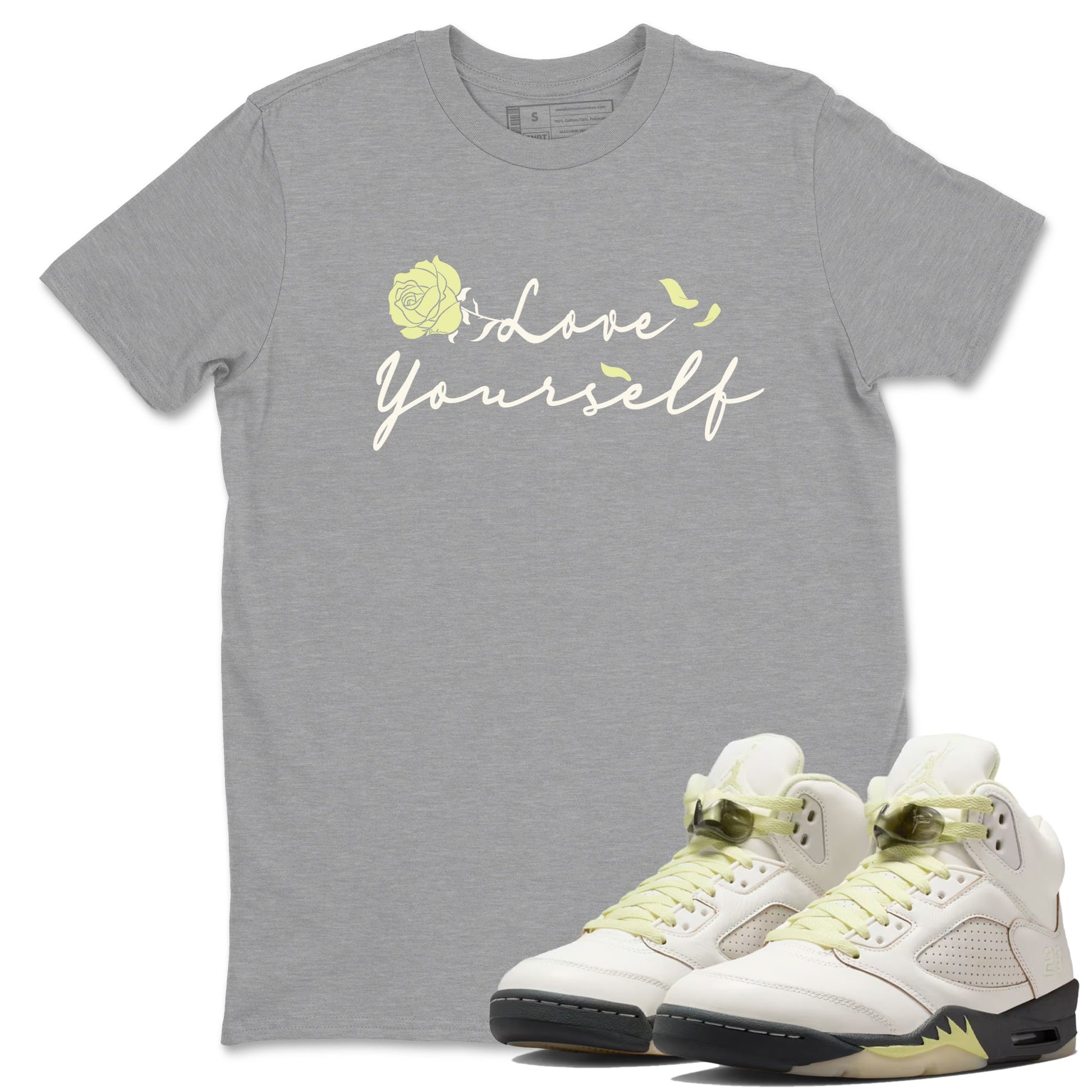 Sneaker match tees – Streetwear Graphic Tees Air Jordan 5 Luminous Green Sneakers – Love Yourself Graphic Tee Heather Grey 1
