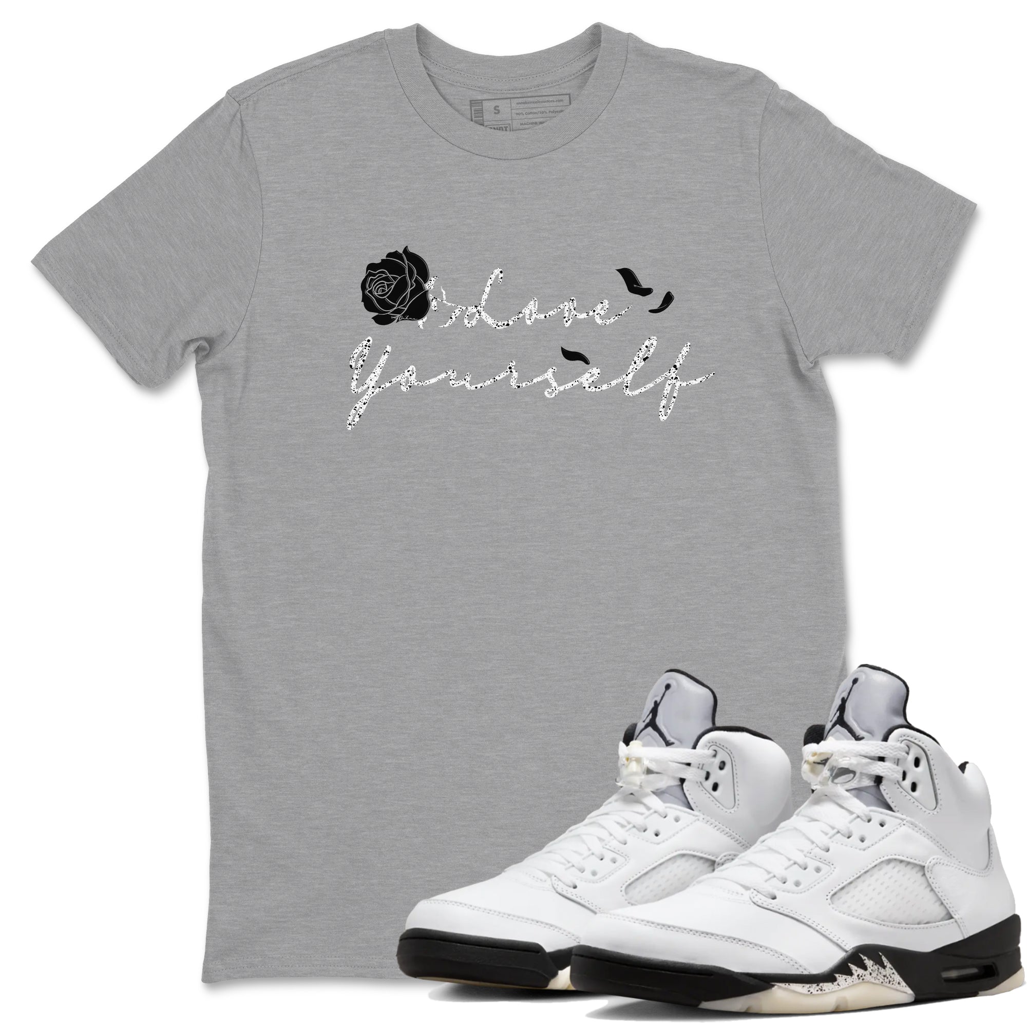 5s White Black shirts to match jordans Love Yourself best t shirts to wear with jordans Air Jordan 5 Retro White Black match shoes to clothes SNRT Sneaker Tees unisex cotton Heather Grey 1 shirts