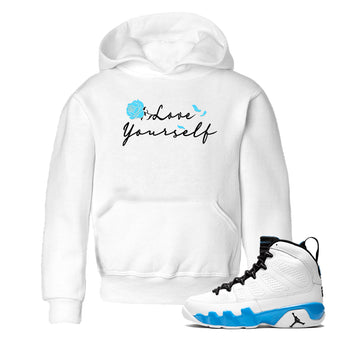 AJ9 Powder Blue shirt to match jordans Love Yourself sneaker tees Air Jordan 9 Powder Blue SNRT sneaker release tees baby toddler White 1 cotton Shirt