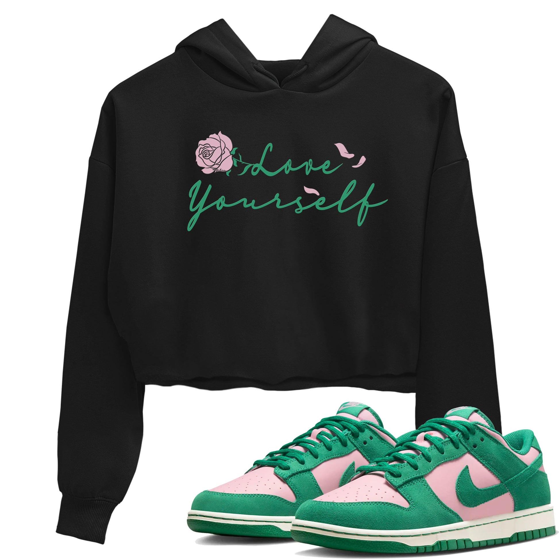 Dunk Low Medium Soft Pink Malachite shirt to match jordans Love Yourself sneaker tees Dunk Medium Soft Pink Malachite SNRT Sneaker Release Tees Black 1 crop length shirt