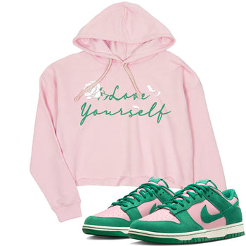 Dunk Low Medium Soft Pink Malachite shirt to match jordans Love Yourself sneaker tees Dunk Medium Soft Pink Malachite SNRT Sneaker Release Tees Pink 1 crop length shirt