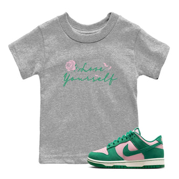 Dunk Low Medium Soft Pink Malachite shirt to match jordans Love Yourself sneaker tees Dunk Medium Soft Pink Malachite SNRT sneaker release tees baby toddler Heather Grey 1 cotton Shirt