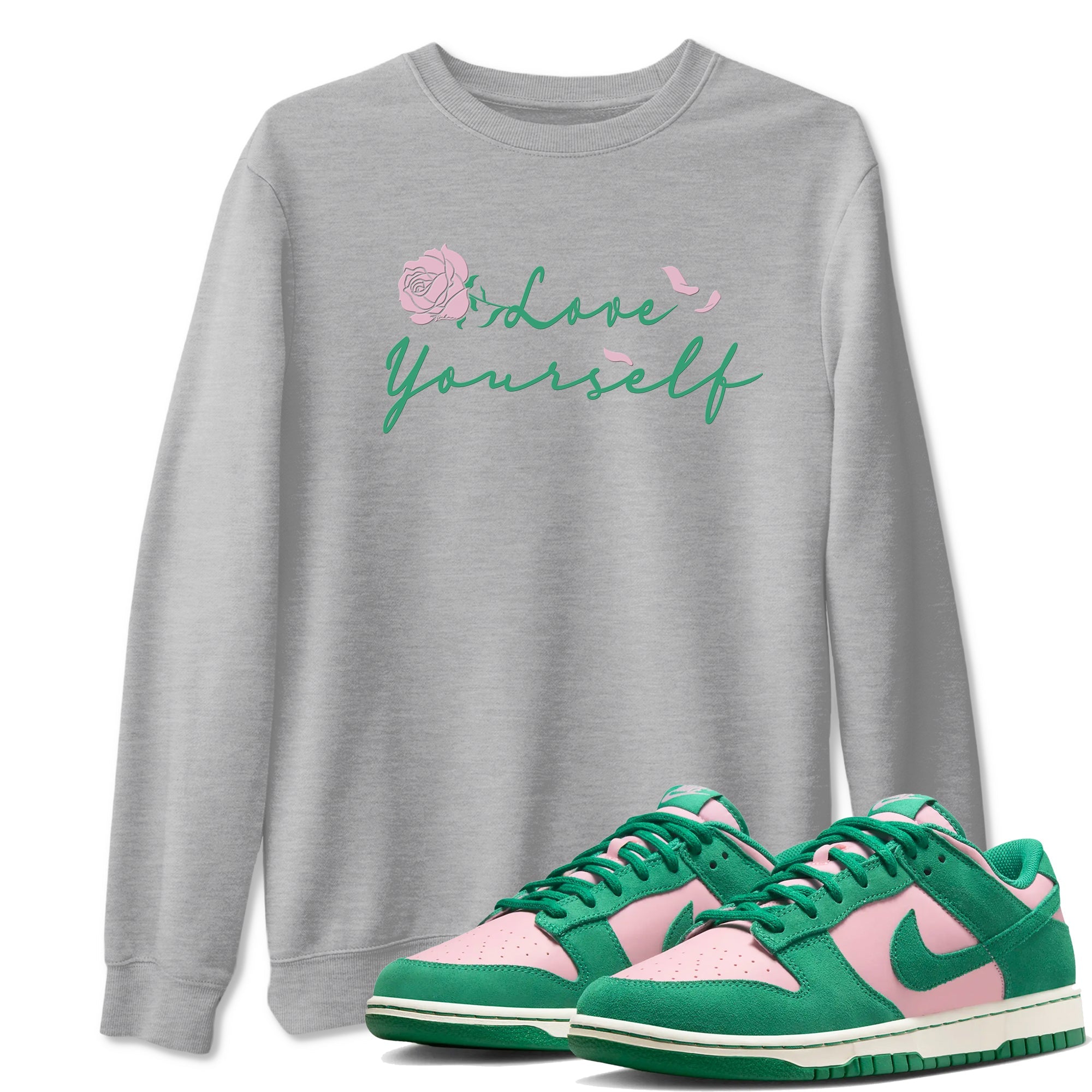 Dunk Low Medium Soft Pink Malachite shirt to match jordans Love Yourself sneaker tees Dunk Medium Soft Pink Malachite SNRT Sneaker Release Tees unisex cotton Heather Grey 1 crew neck shirt