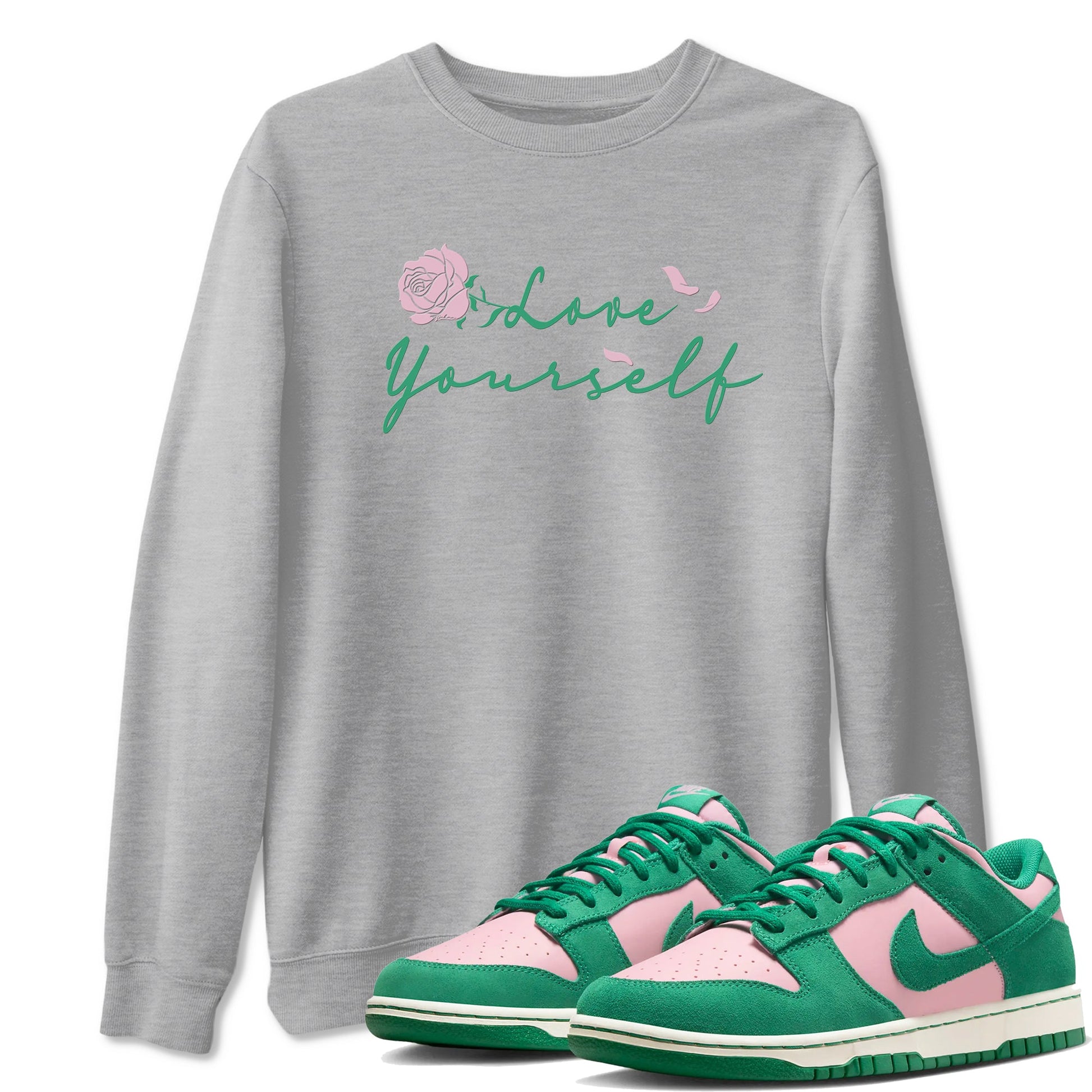 Dunk Low Medium Soft Pink Malachite shirt to match jordans Love Yourself sneaker tees Dunk Medium Soft Pink Malachite SNRT Sneaker Release Tees unisex cotton Heather Grey 1 crew neck shirt