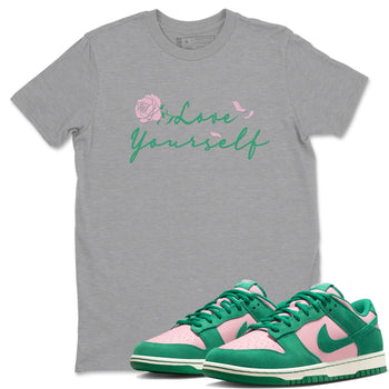 Dunk Low Medium Soft Pink Malachite shirt to match jordans Love Yourself sneaker tees Dunk Medium Soft Pink Malachite SNRT Sneaker Release Tees unisex cotton Heather Grey 1 crew neck shirt