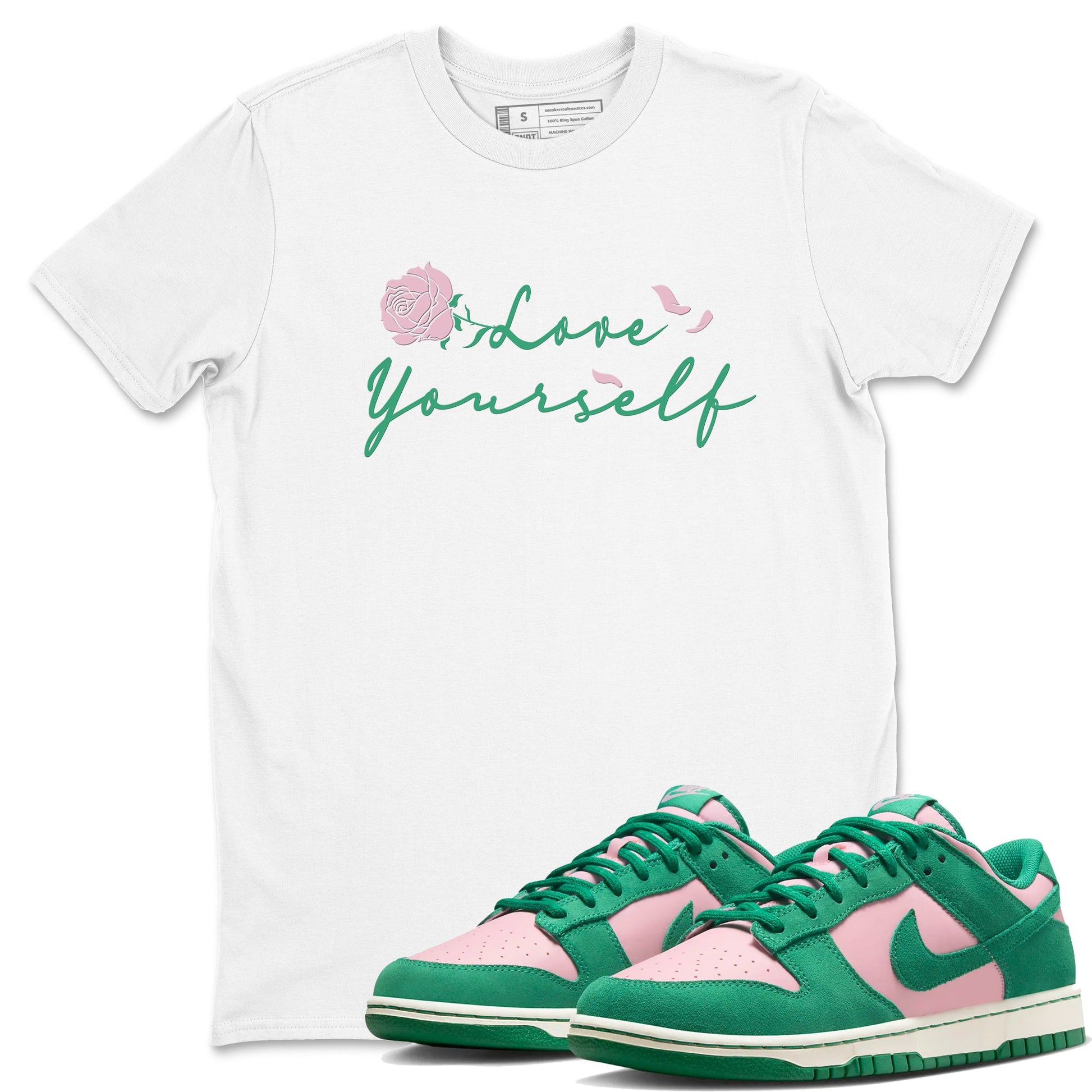 Dunk Low Medium Soft Pink Malachite shirt to match jordans Love Yourself sneaker tees Dunk Medium Soft Pink Malachite SNRT Sneaker Release Tees unisex cotton White 1 crew neck shirt