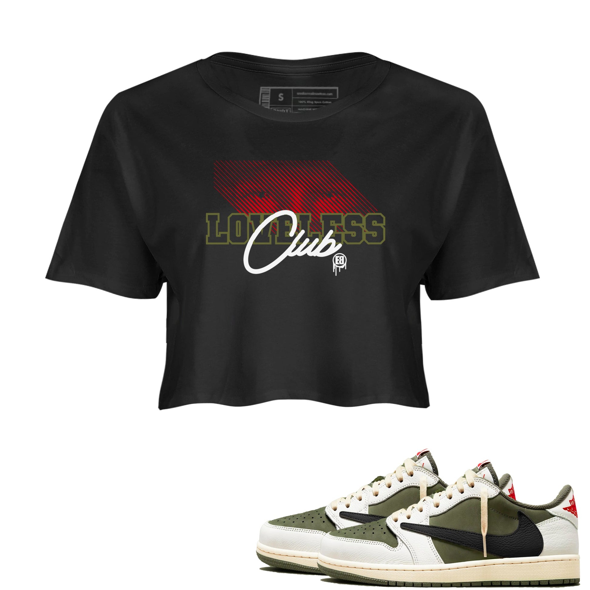 1s Travis Scott Medium Olive shirts to match jordans Loveless Club sneaker match tees Air Jordan 1 Travis Scott Medium Olive SNRT Sneaker Tees streetwear brand Black 1 crop tee