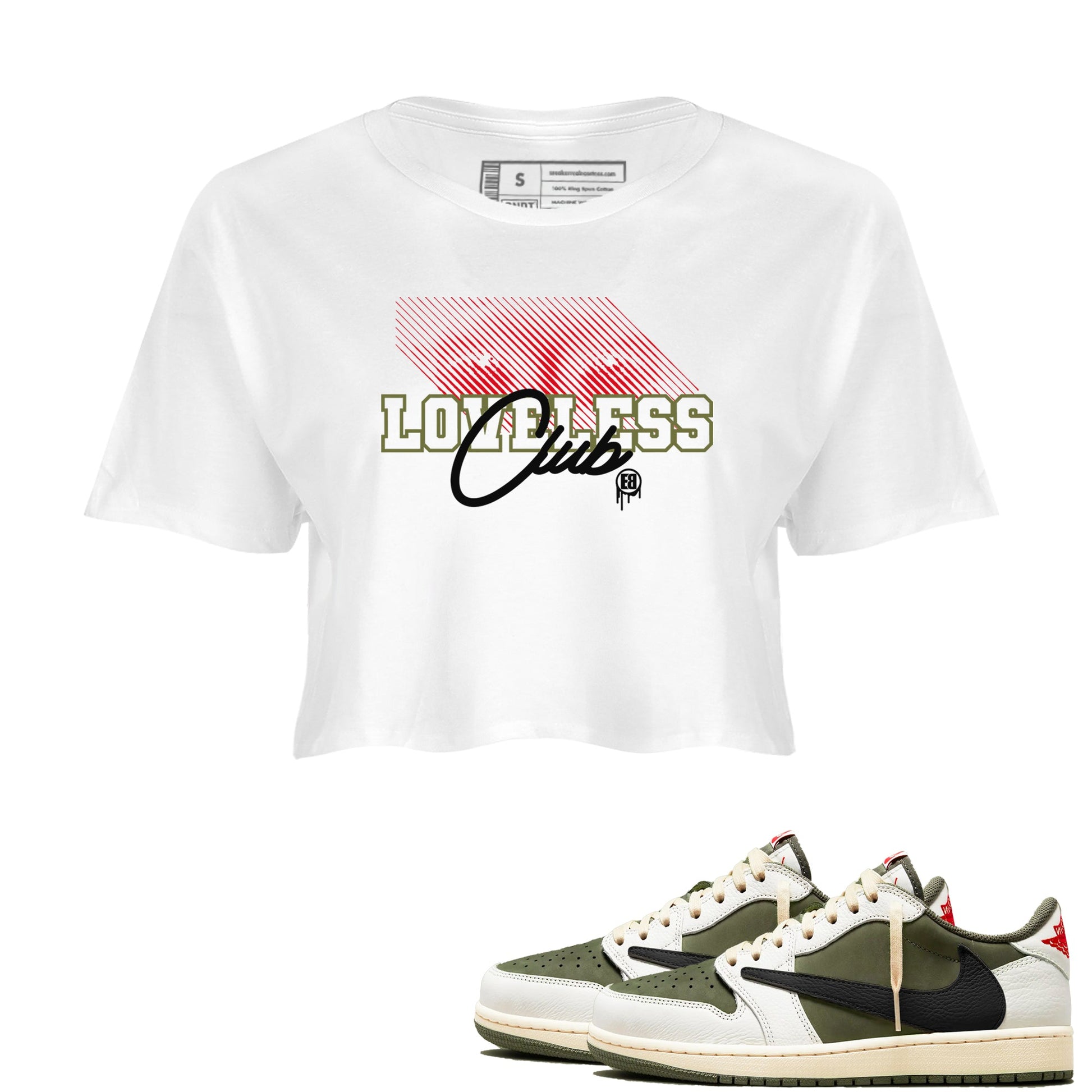 1s Travis Scott Medium Olive shirts to match jordans Loveless Club sneaker match tees Air Jordan 1 Travis Scott Medium Olive SNRT Sneaker Tees streetwear brand White 1 crop tee