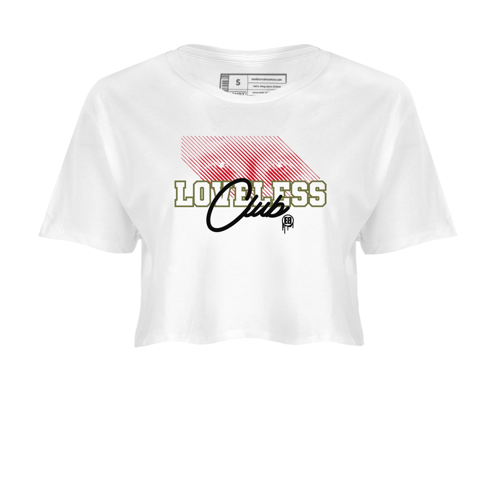 1s Travis Scott Medium Olive shirts to match jordans Loveless Club sneaker match tees Air Jordan 1 Travis Scott Medium Olive SNRT Sneaker Tees streetwear brand White 2 crop tee