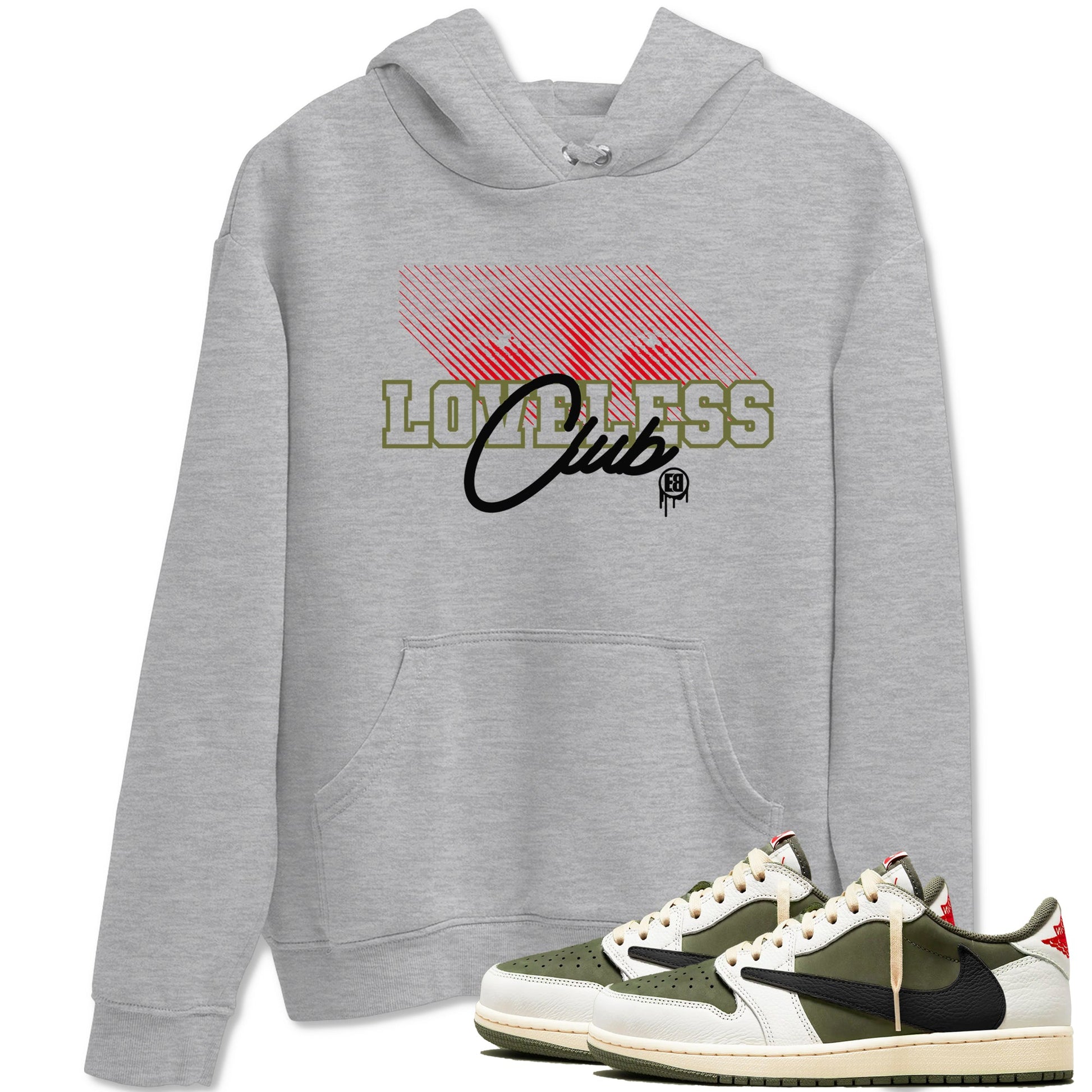 1s Travis Scott Medium Olive shirts to match jordans Loveless Club sneaker match tees Air Jordan 1 Travis Scott Medium Olive SNRT Sneaker Tees streetwear brand Heather Grey 1 unisex cotton tee
