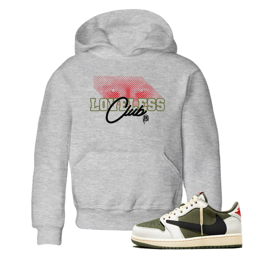1s Travis Scott Medium Olive shirts to match jordans Loveless Club sneaker match tees Air Jordan 1 Travis Scott Medium Olive SNRT Sneaker Tees streetwear brand Baby and Youth Heather Grey 1 cotton tee