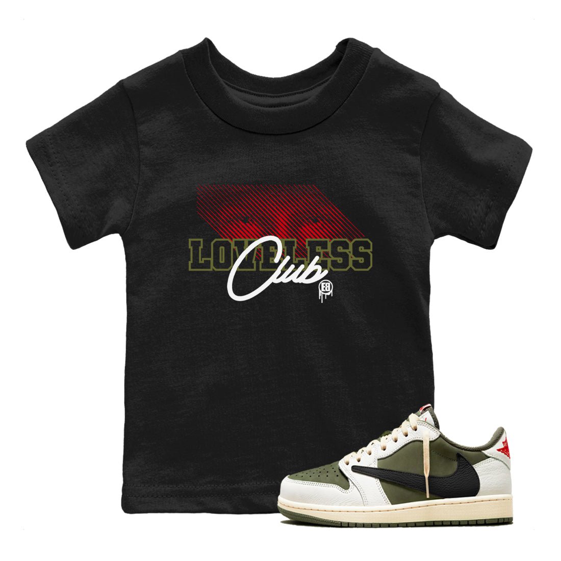 1s Travis Scott Medium Olive shirts to match jordans Loveless Club sneaker match tees Air Jordan 1 Travis Scott Medium Olive SNRT Sneaker Tees streetwear brand Baby and Youth Black 1 cotton tee