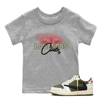 1s Travis Scott Medium Olive shirts to match jordans Loveless Club sneaker match tees Air Jordan 1 Travis Scott Medium Olive SNRT Sneaker Tees streetwear brand Baby and Youth Heather Grey 1 cotton tee