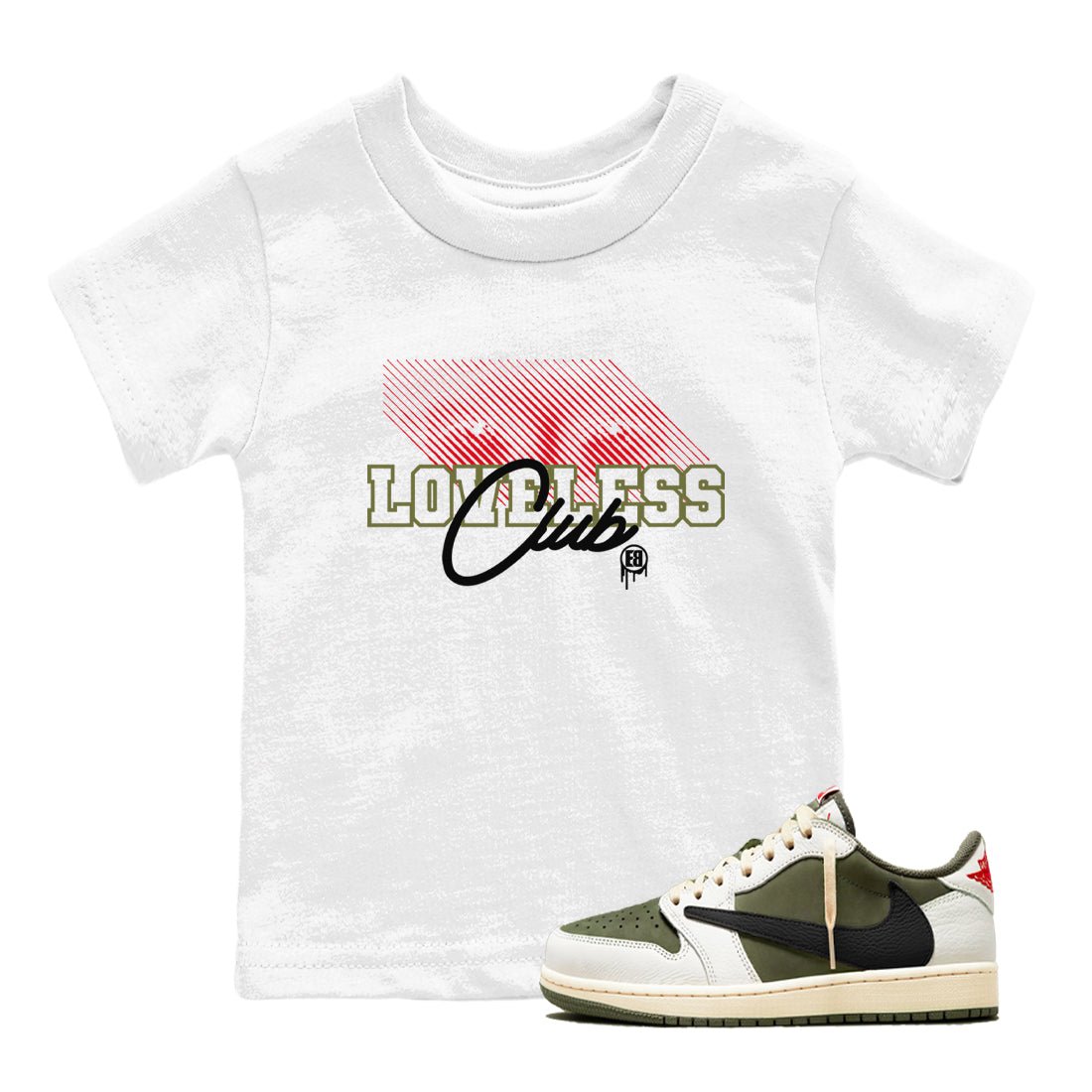1s Travis Scott Medium Olive shirts to match jordans Loveless Club sneaker match tees Air Jordan 1 Travis Scott Medium Olive SNRT Sneaker Tees streetwear brand Baby and Youth White 1 cotton tee