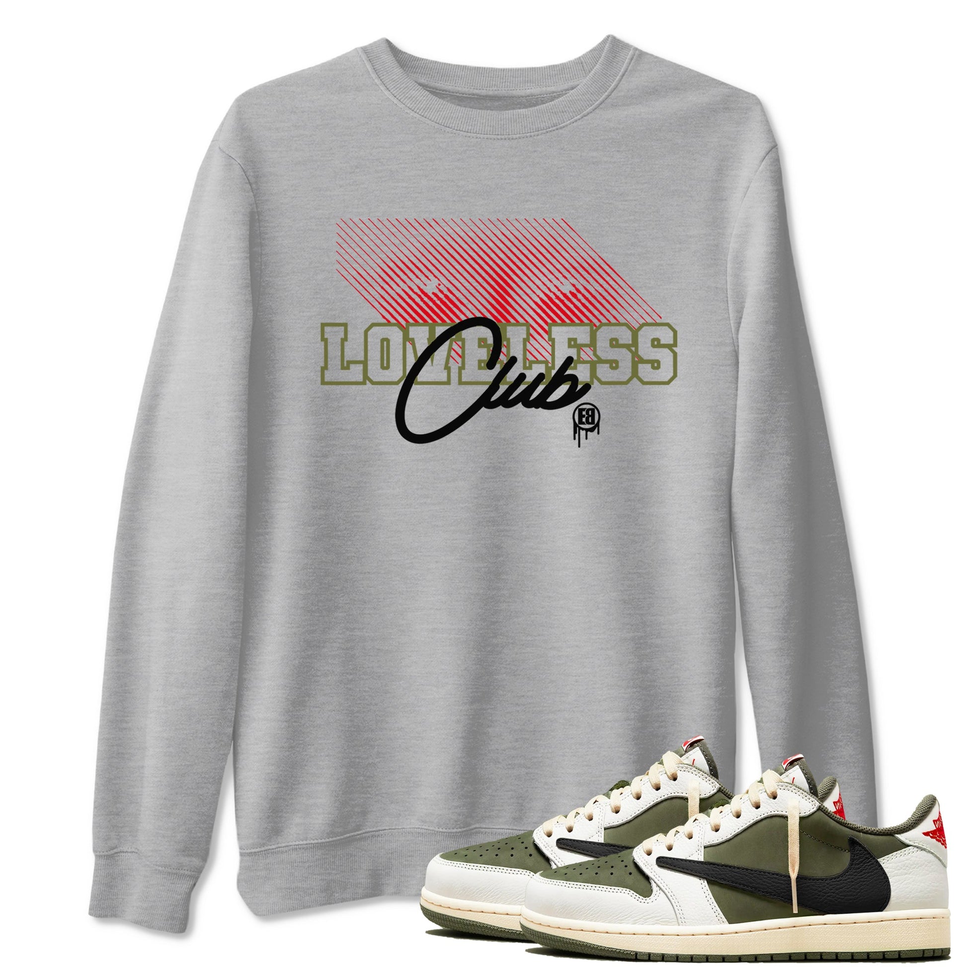 1s Travis Scott Medium Olive shirts to match jordans Loveless Club sneaker match tees Air Jordan 1 Travis Scott Medium Olive SNRT Sneaker Tees streetwear brand Heather Grey 1 unisex cotton tee
