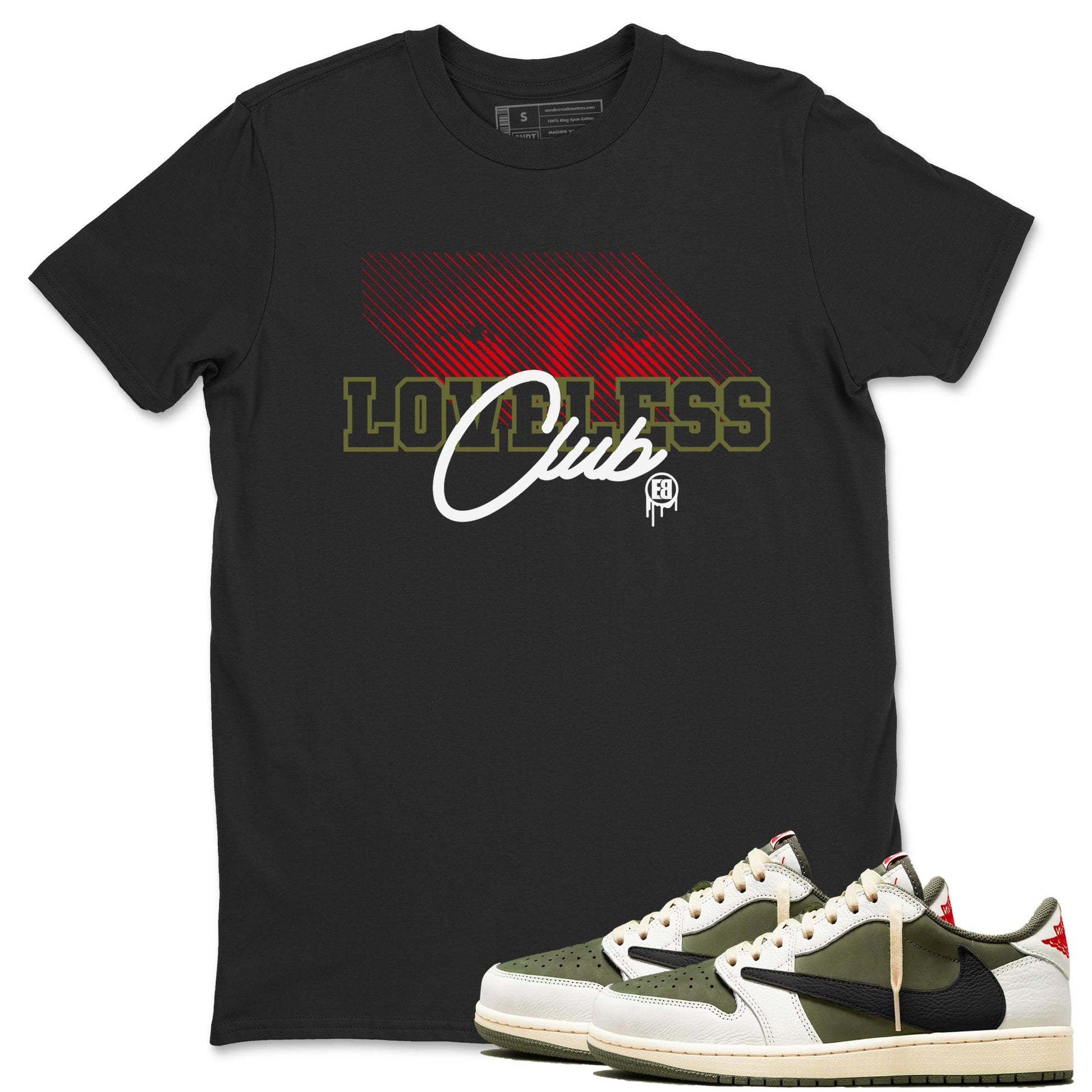 1s Travis Scott Medium Olive shirts to match jordans Loveless Club sneaker match tees Air Jordan 1 Travis Scott Medium Olive SNRT Sneaker Tees streetwear brand Black 1 unisex cotton tee