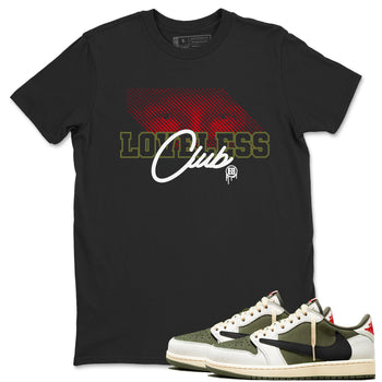 1s Travis Scott Medium Olive shirts to match jordans Loveless Club sneaker match tees Air Jordan 1 Travis Scott Medium Olive SNRT Sneaker Tees streetwear brand Black 1 unisex cotton tee