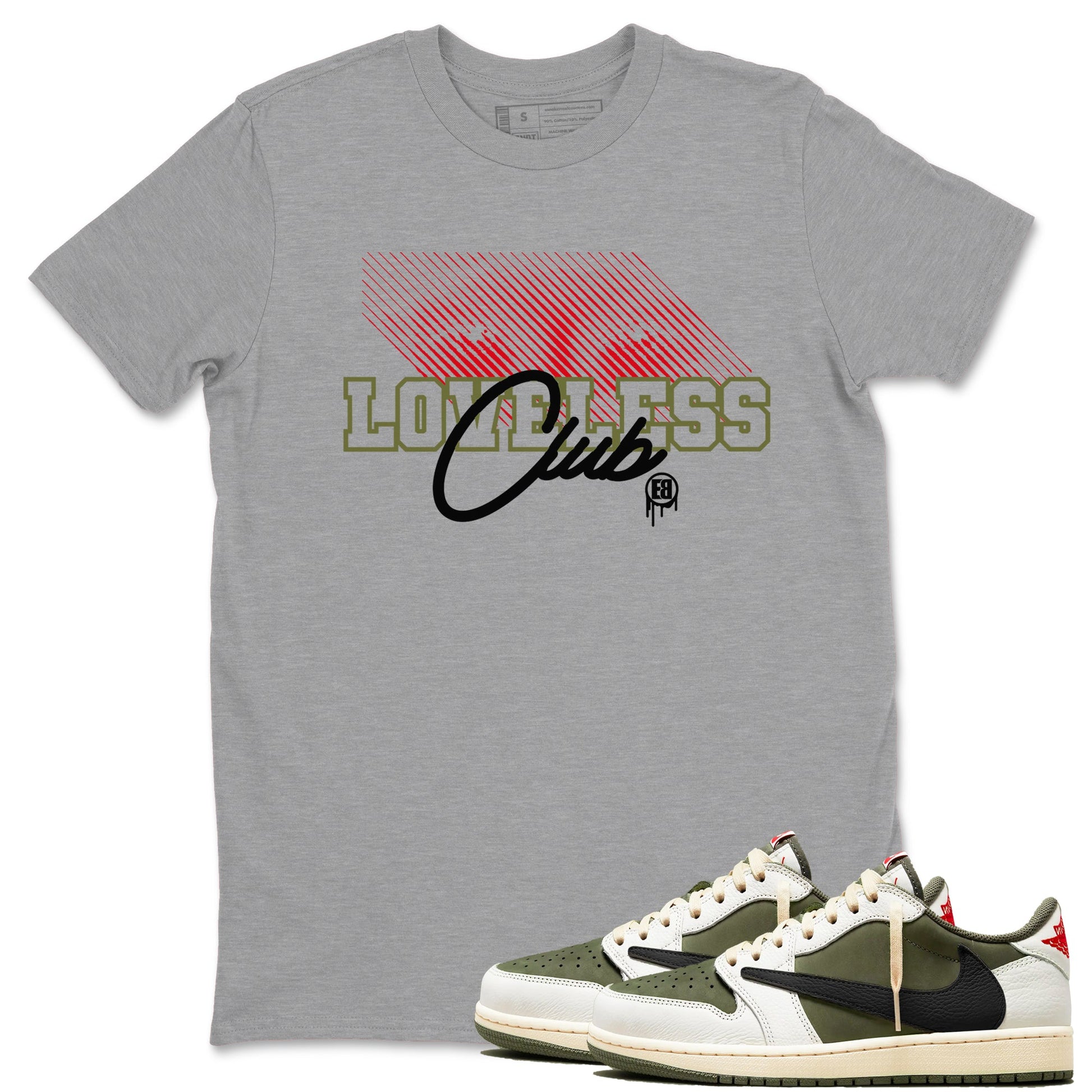 1s Travis Scott Medium Olive shirts to match jordans Loveless Club sneaker match tees Air Jordan 1 Travis Scott Medium Olive SNRT Sneaker Tees streetwear brand Heather Grey 1 unisex cotton tee