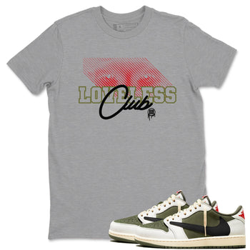 1s Travis Scott Medium Olive shirts to match jordans Loveless Club sneaker match tees Air Jordan 1 Travis Scott Medium Olive SNRT Sneaker Tees streetwear brand Heather Grey 1 unisex cotton tee