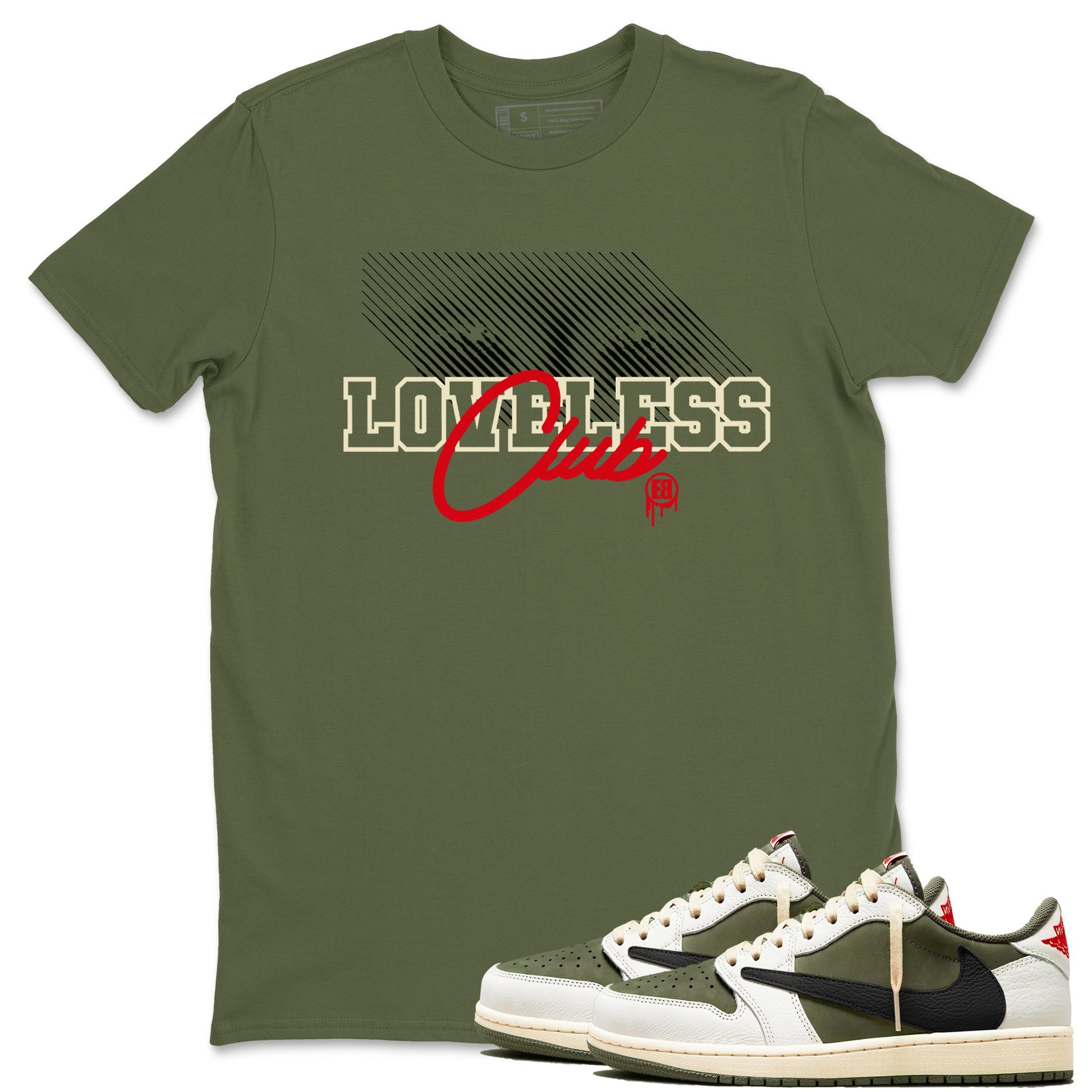 1s Travis Scott Medium Olive shirts to match jordans Loveless Club sneaker match tees Air Jordan 1 Travis Scott Medium Olive SNRT Sneaker Tees streetwear brand Military Green 1 unisex cotton tee