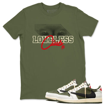 1s Travis Scott Medium Olive shirts to match jordans Loveless Club sneaker match tees Air Jordan 1 Travis Scott Medium Olive SNRT Sneaker Tees streetwear brand Military Green 1 unisex cotton tee