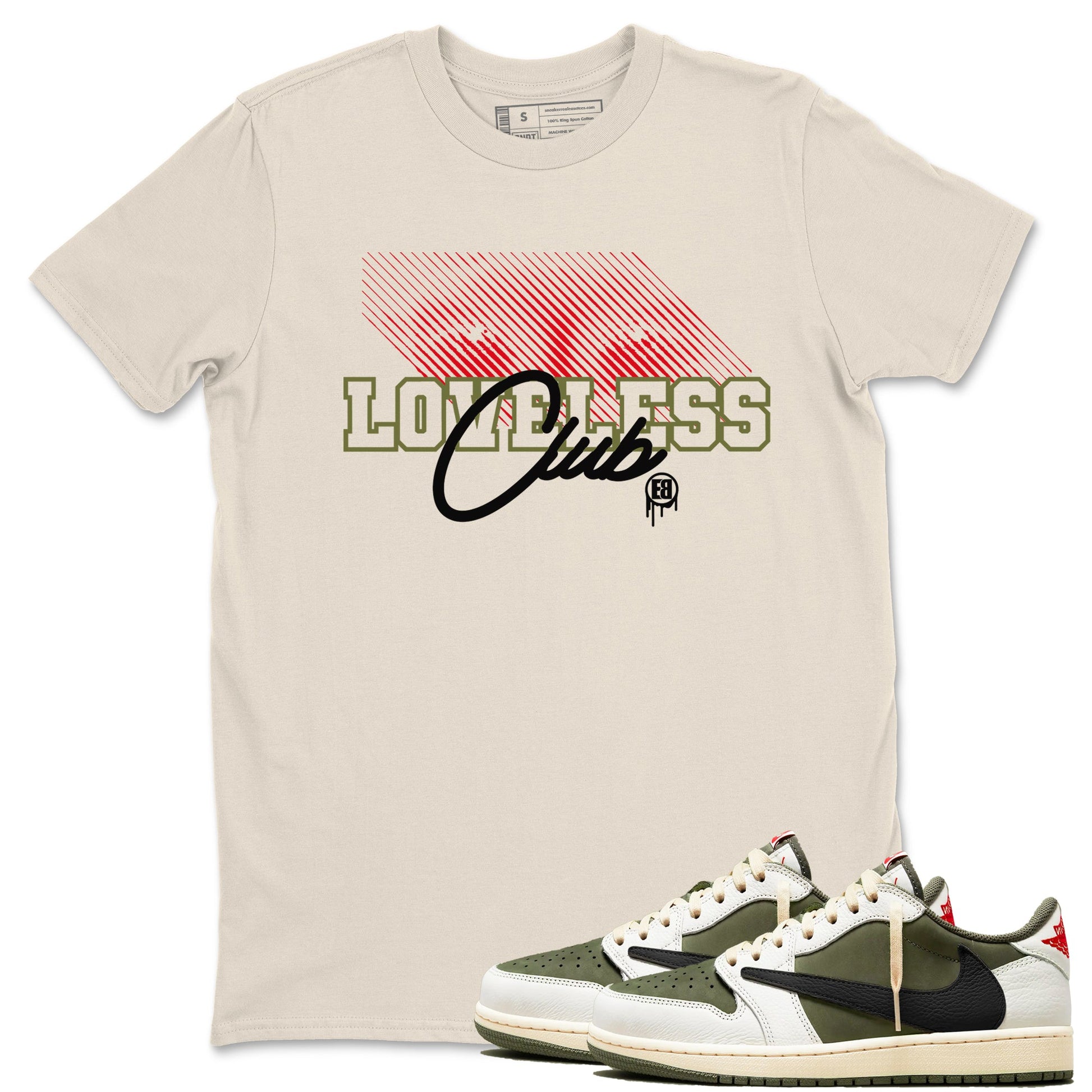 1s Travis Scott Medium Olive shirts to match jordans Loveless Club sneaker match tees Air Jordan 1 Travis Scott Medium Olive SNRT Sneaker Tees streetwear brand Natural 1 unisex cotton tee
