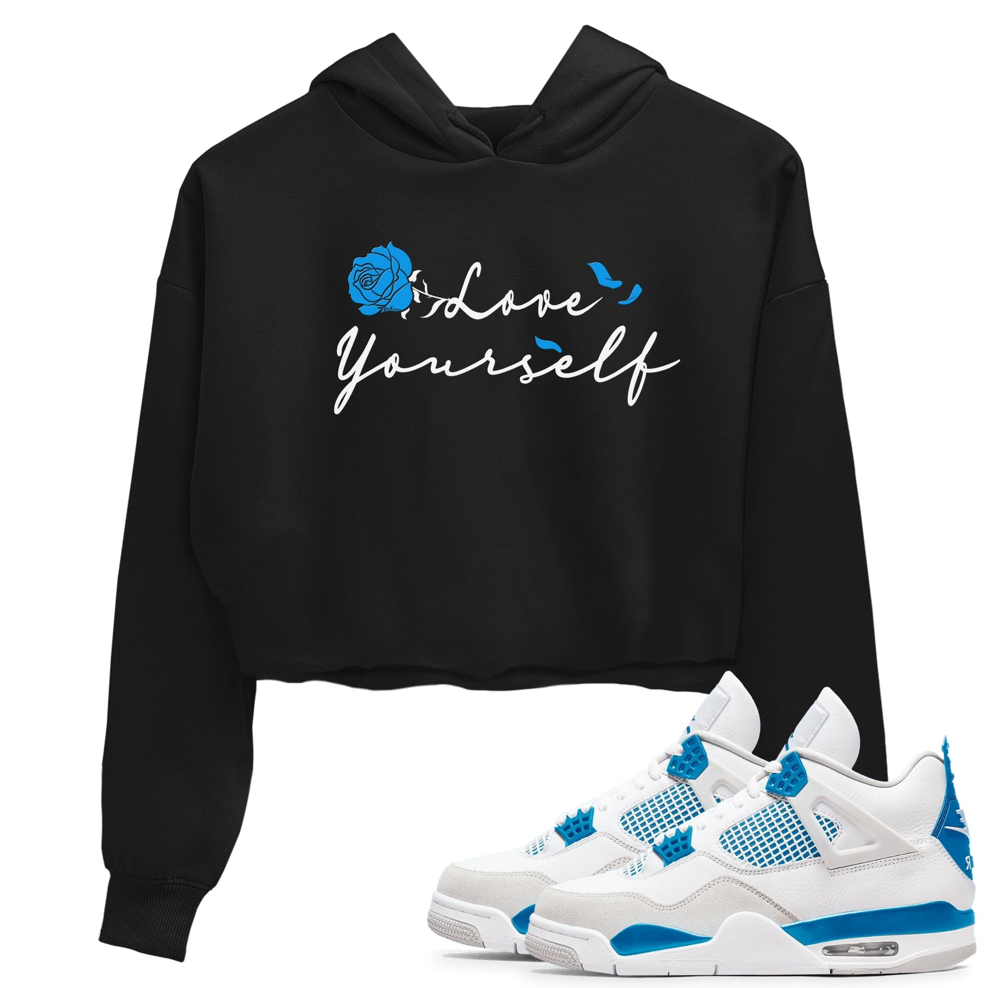 AJ 4 Military Blue shirt to match jordans Love Yourself sneaker tees Air Jordan 4 Military Blue SNRT Sneaker Release Tees Black 1 crop length shirt