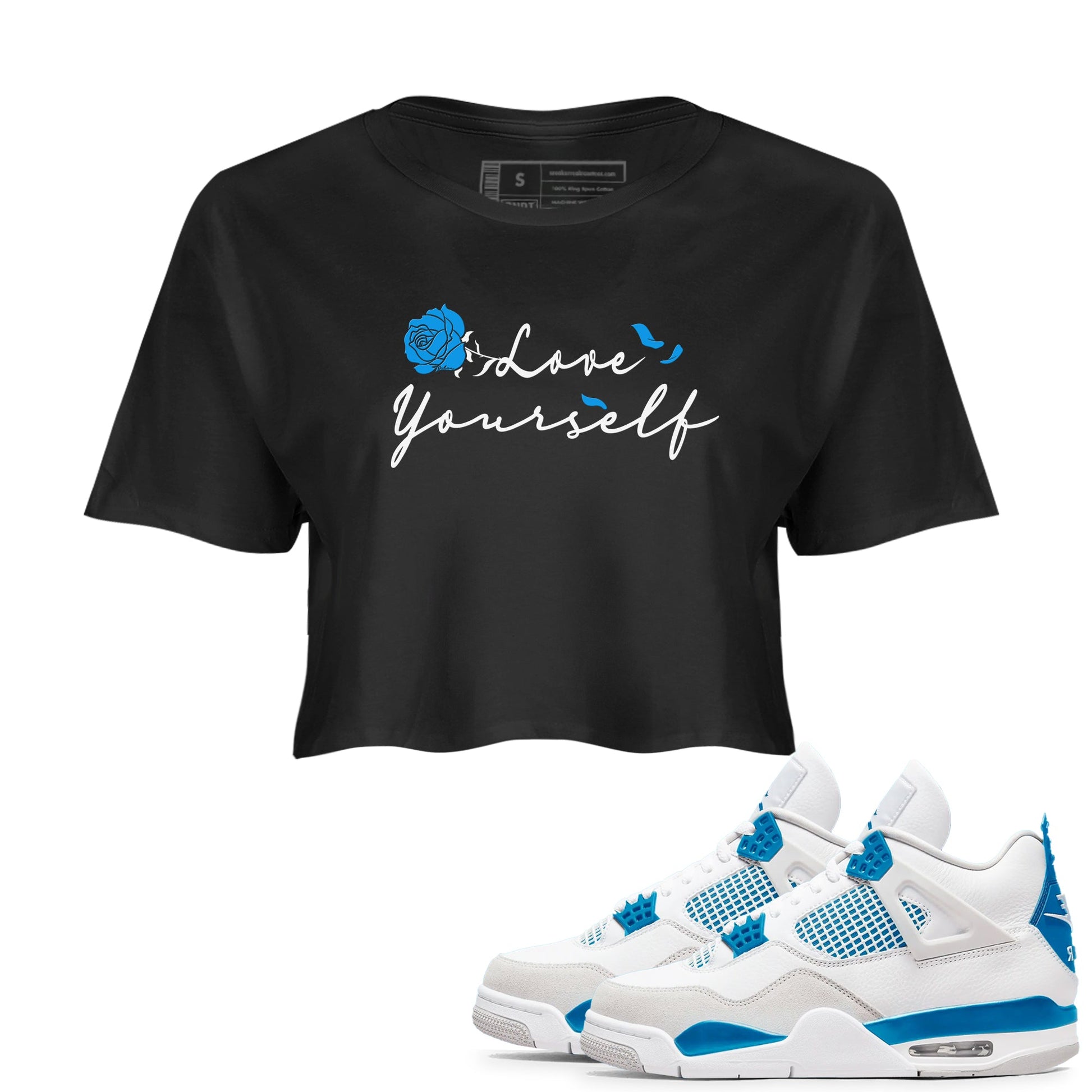AJ 4 Military Blue shirt to match jordans Love Yourself sneaker tees Air Jordan 4 Military Blue SNRT Sneaker Release Tees Black 1 crop length shirt