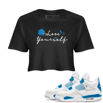 AJ 4 Military Blue shirt to match jordans Love Yourself sneaker tees Air Jordan 4 Military Blue SNRT Sneaker Release Tees Black 1 crop length shirt