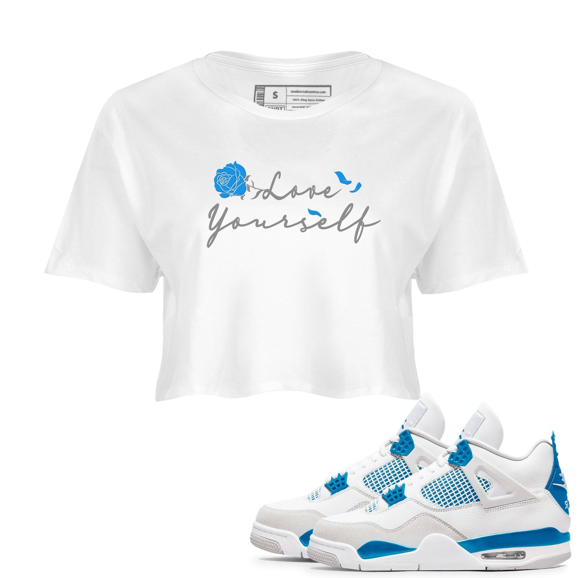 AJ 4 Military Blue shirt to match jordans Love Yourself sneaker tees Air Jordan 4 Military Blue SNRT Sneaker Release Tees White 1 crop length shirt
