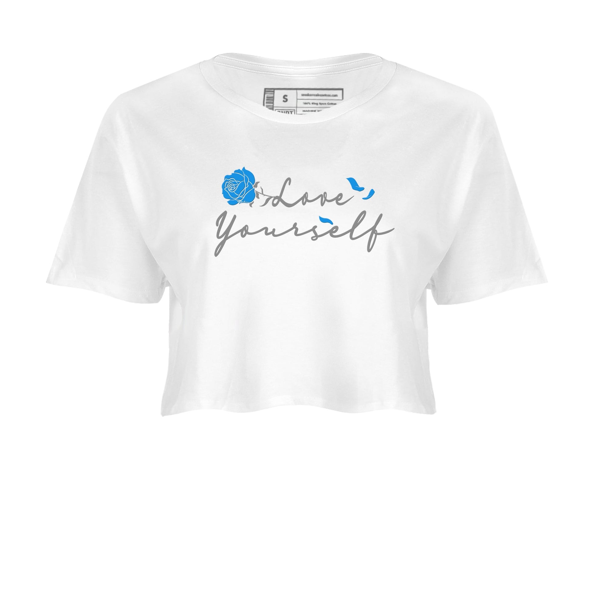 AJ 4 Military Blue shirt to match jordans Love Yourself sneaker tees Air Jordan 4 Military Blue SNRT Sneaker Release Tees White 2 crop length shirt
