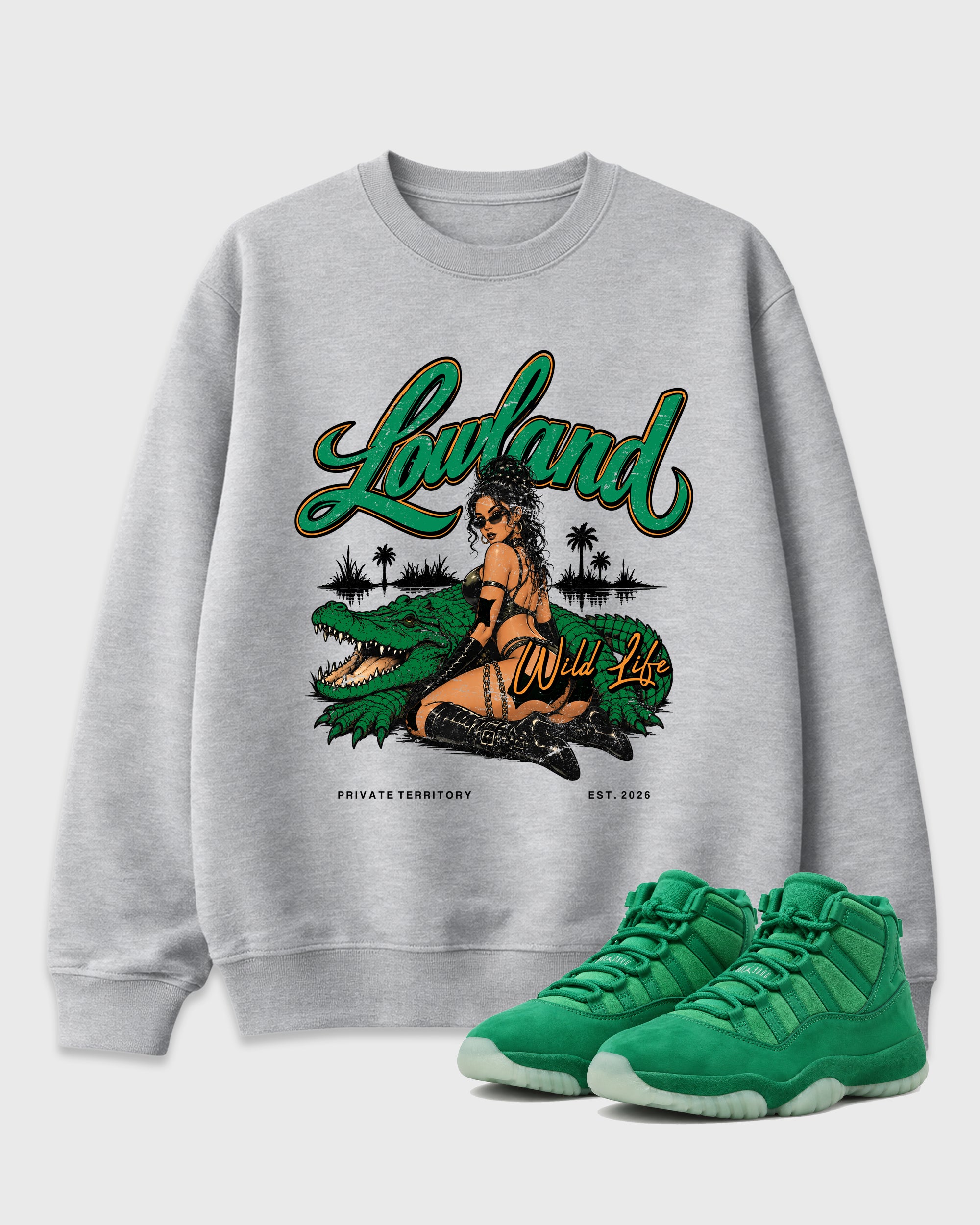 Lowland Graphic T-Shirt featuring original streetwear artwork designed to match the Air Jordan 11 Green Screen. Heather Grey 1 Graphic Tee.