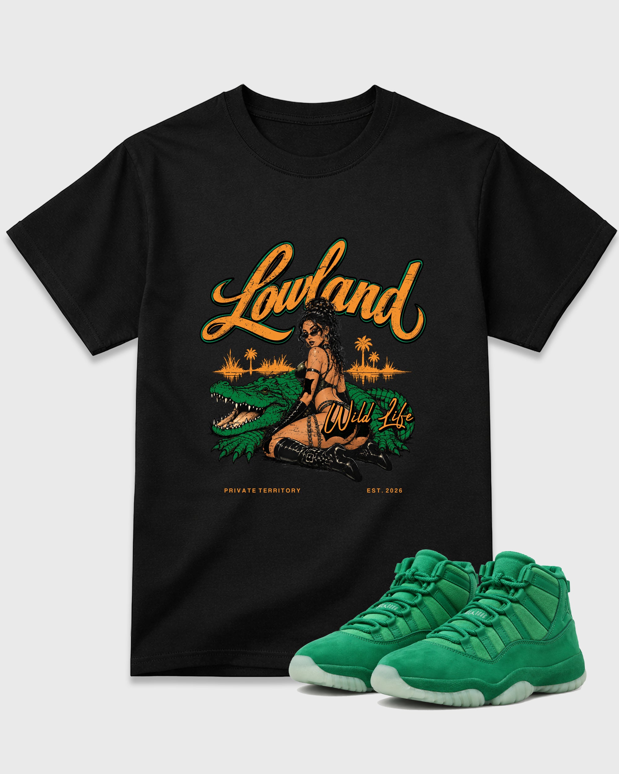 Lowland Graphic T-Shirt featuring original streetwear artwork designed to match the Air Jordan 11 Green Screen. Black 1 Graphic T-Shirt.