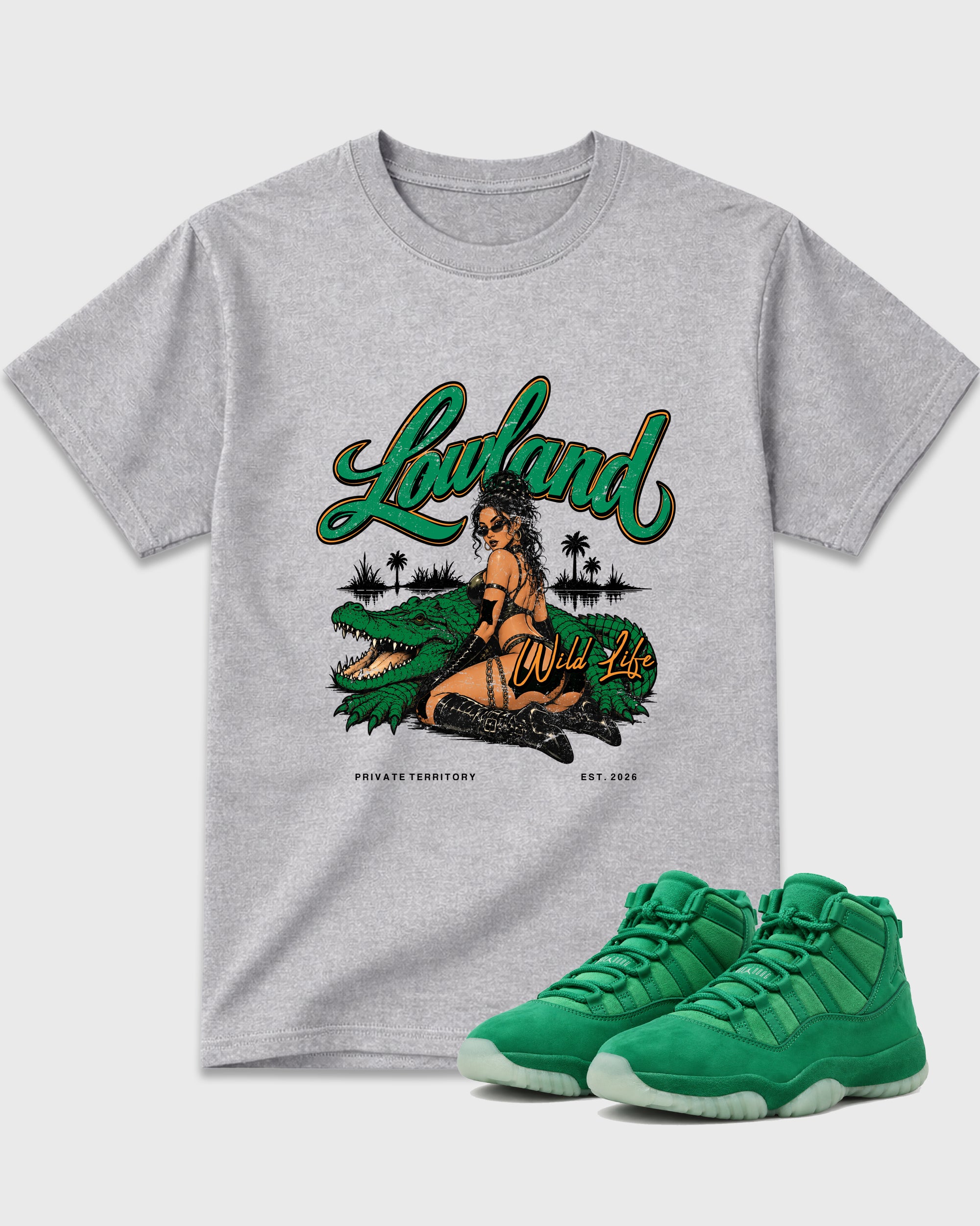 Lowland Graphic T-Shirt featuring original streetwear artwork designed to match the Air Jordan 11 Green Screen. Heather Grey 1 Graphic T-Shirt.
