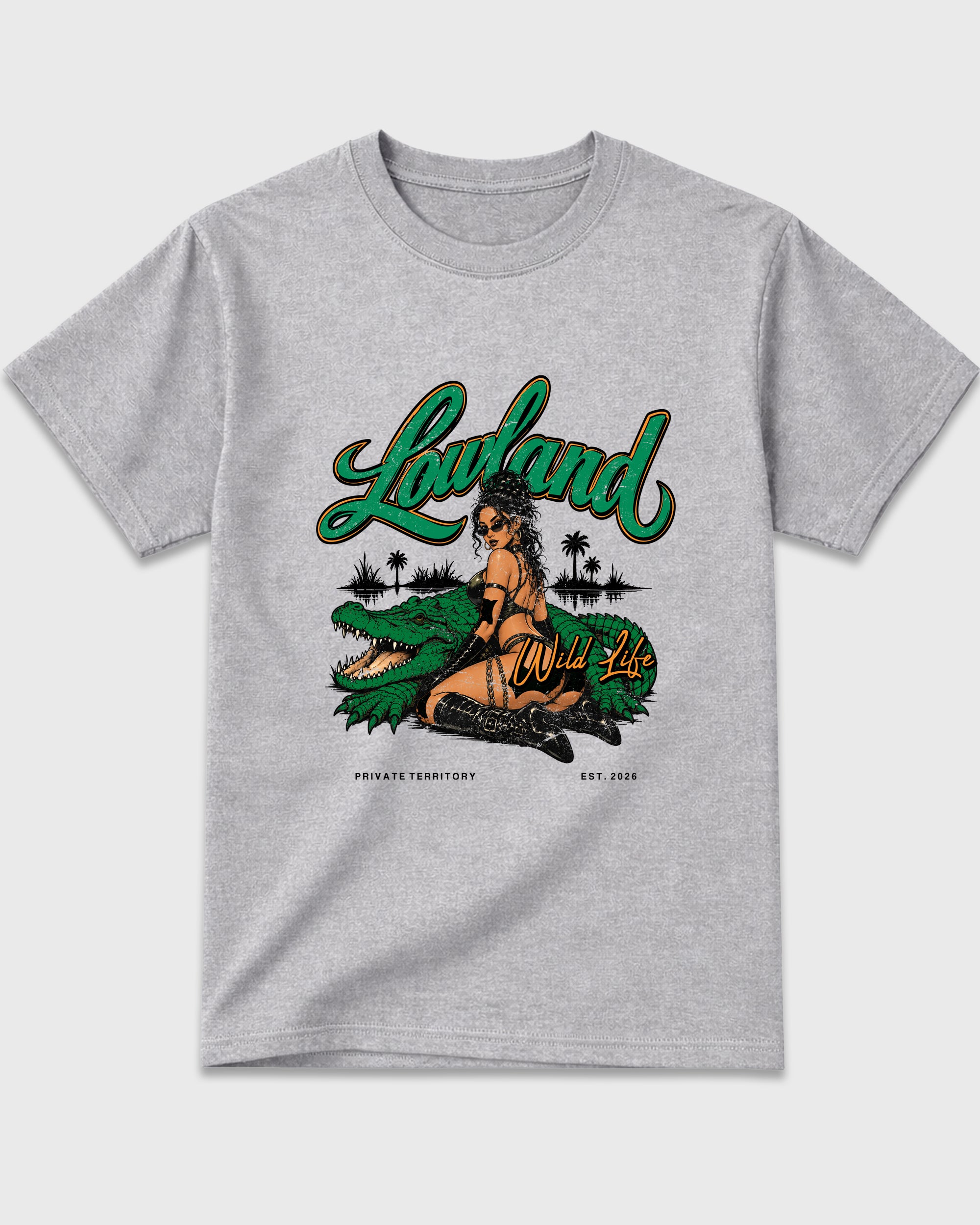 Lowland Graphic T-Shirt featuring original streetwear artwork designed to match the Air Jordan 11 Green Screen. Heather Grey 2 Graphic T-Shirt.