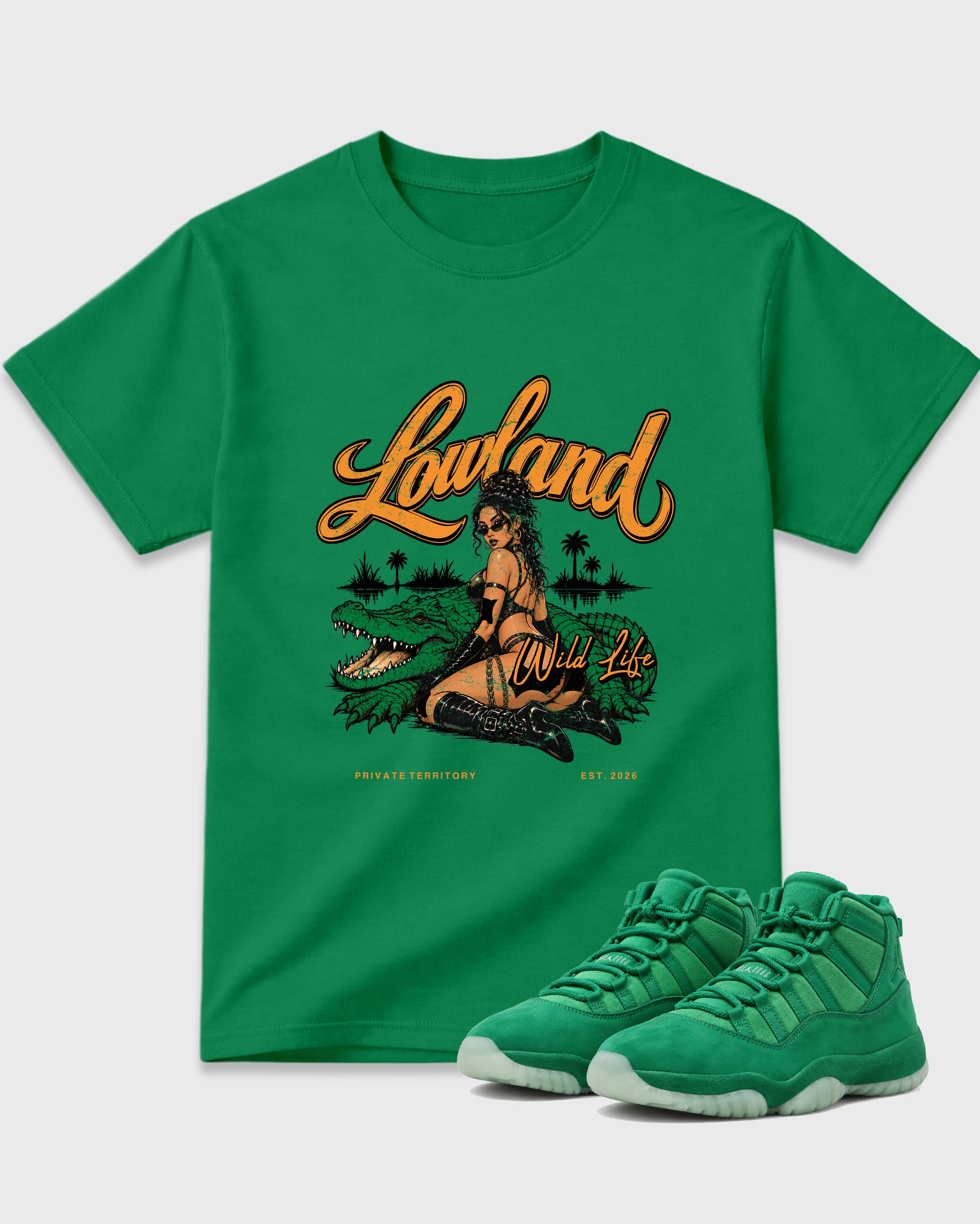 Lowland Graphic T-Shirt featuring original streetwear artwork designed to match the Air Jordan 11 Green Screen. Kelly Green 1 Graphic T-Shirt.