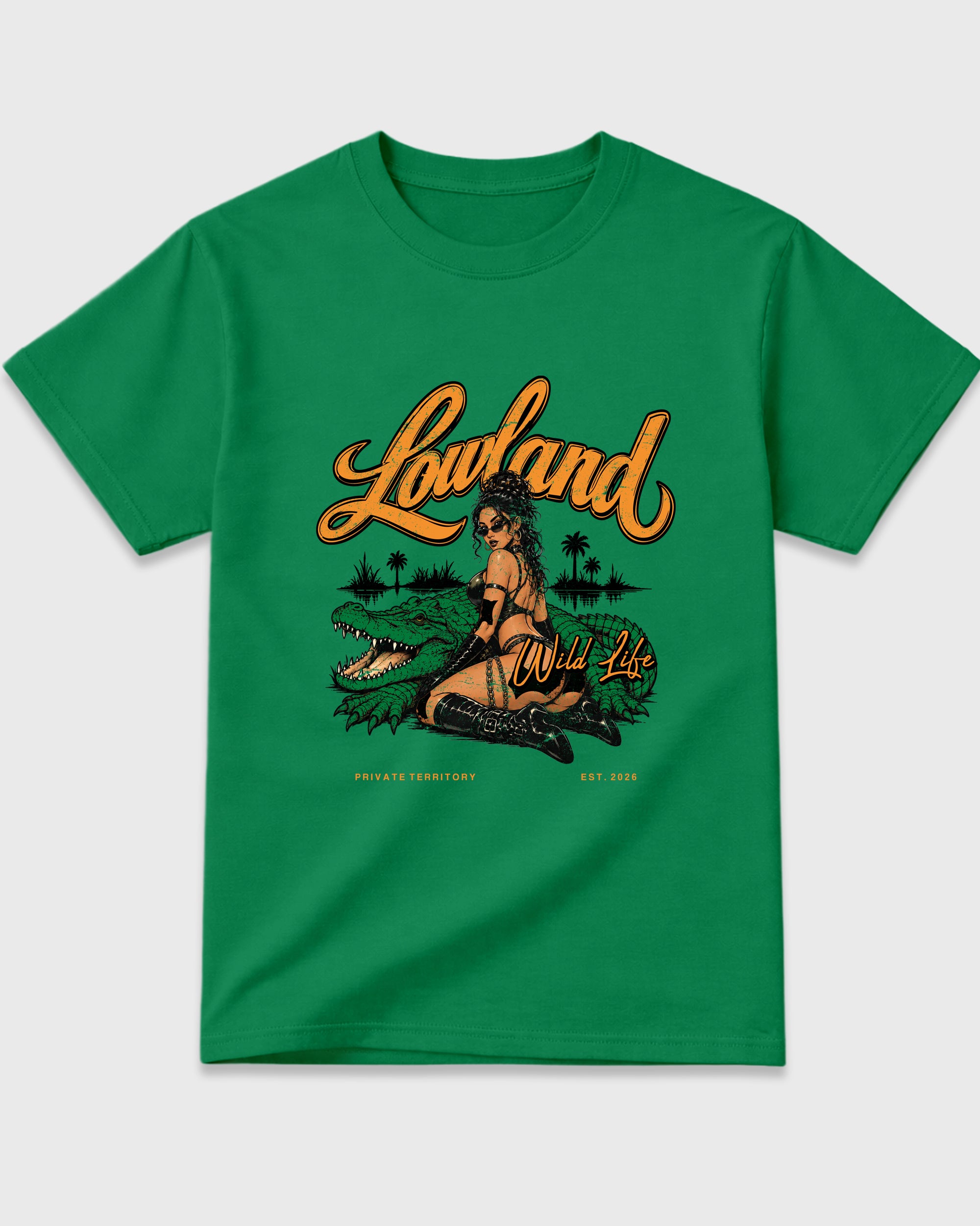 Lowland Graphic T-Shirt featuring original streetwear artwork designed to match the Air Jordan 11 Green Screen. Kelly Green 2 Graphic T-Shirt.