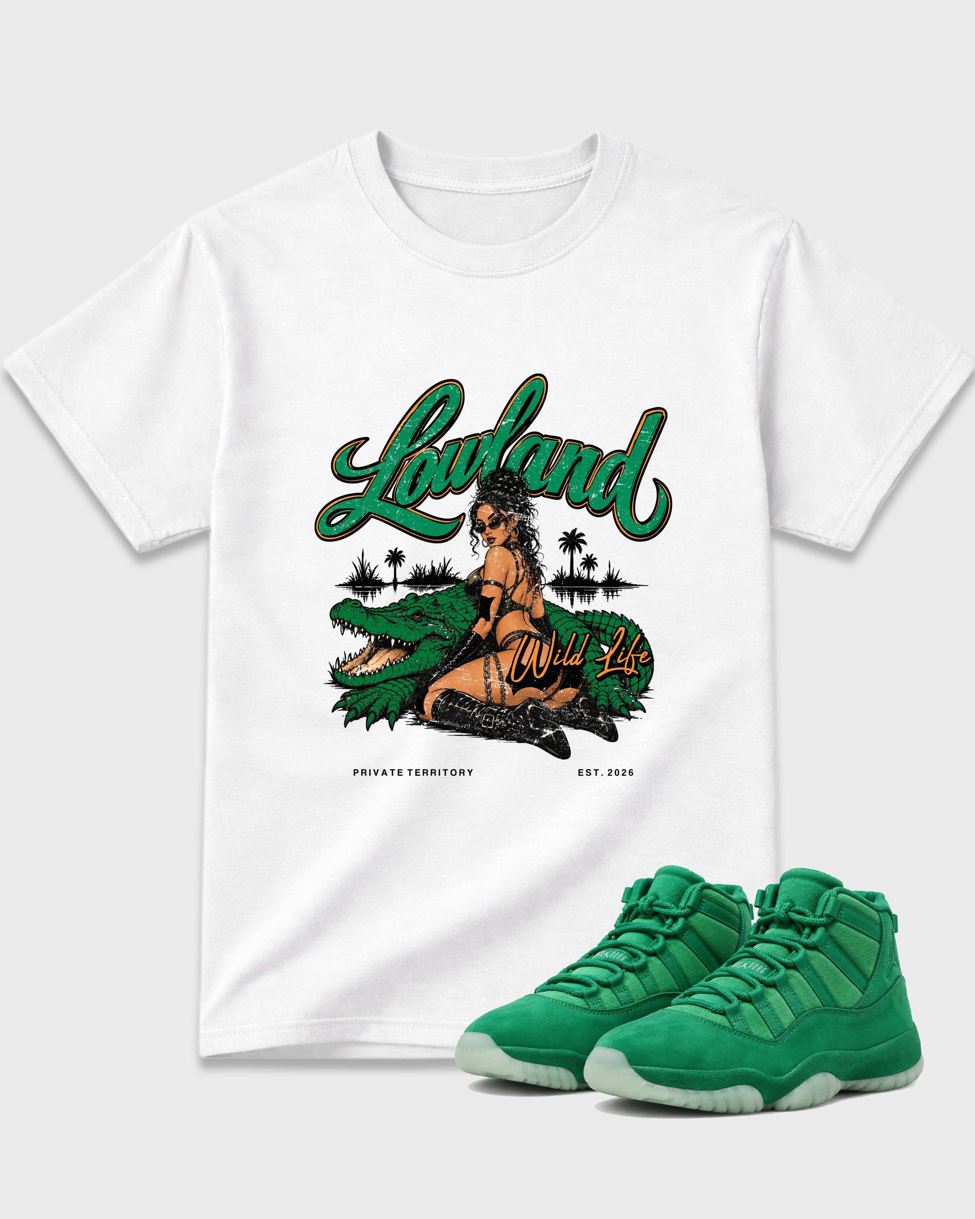 Lowland Graphic T-Shirt featuring original streetwear artwork designed to match the Air Jordan 11 Green Screen. White 1 Graphic T-Shirt.