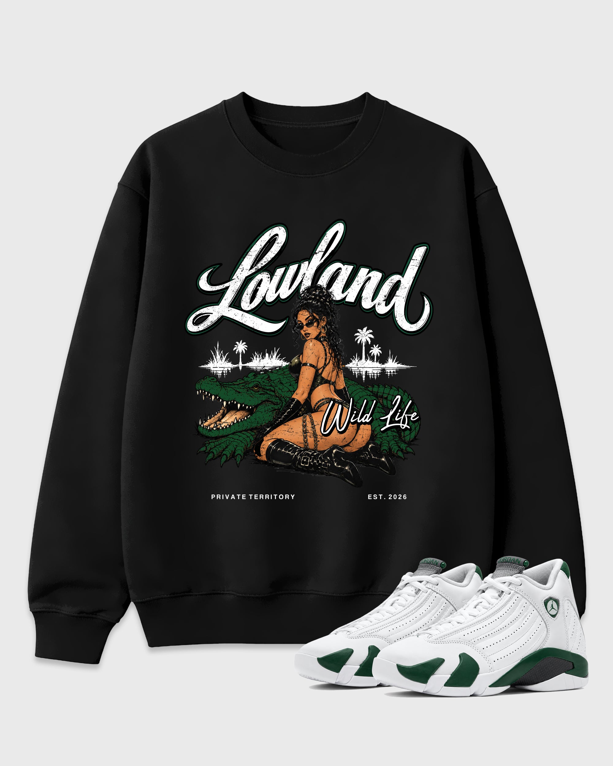 Lowland Graphic T-Shirt featuring original streetwear artwork designed to match the Air Jordan 14 Forest Green. Black 1 Graphic Tee.