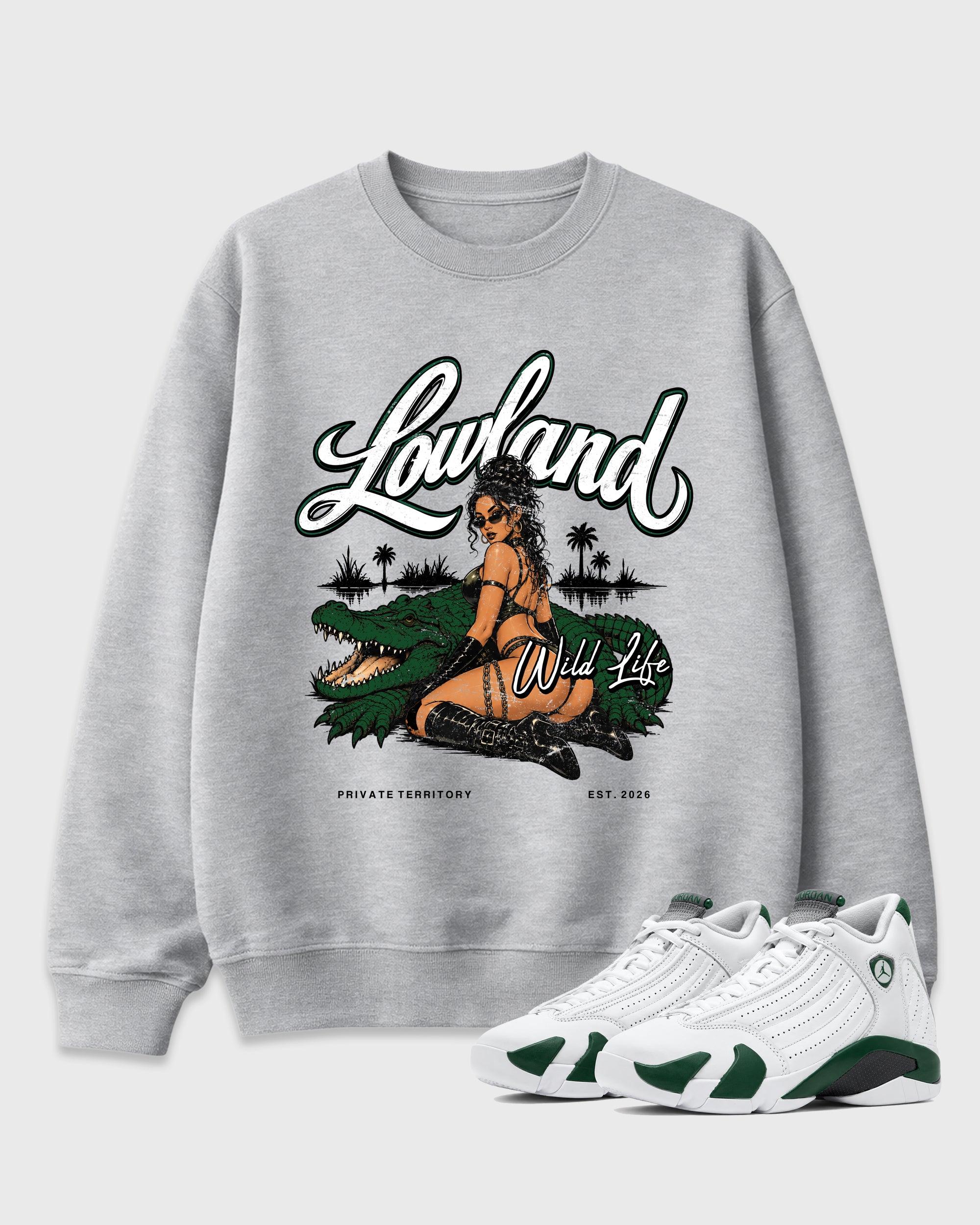 Lowland Graphic T-Shirt featuring original streetwear artwork designed to match the Air Jordan 14 Forest Green. Heather Grey 1 Graphic Tee.