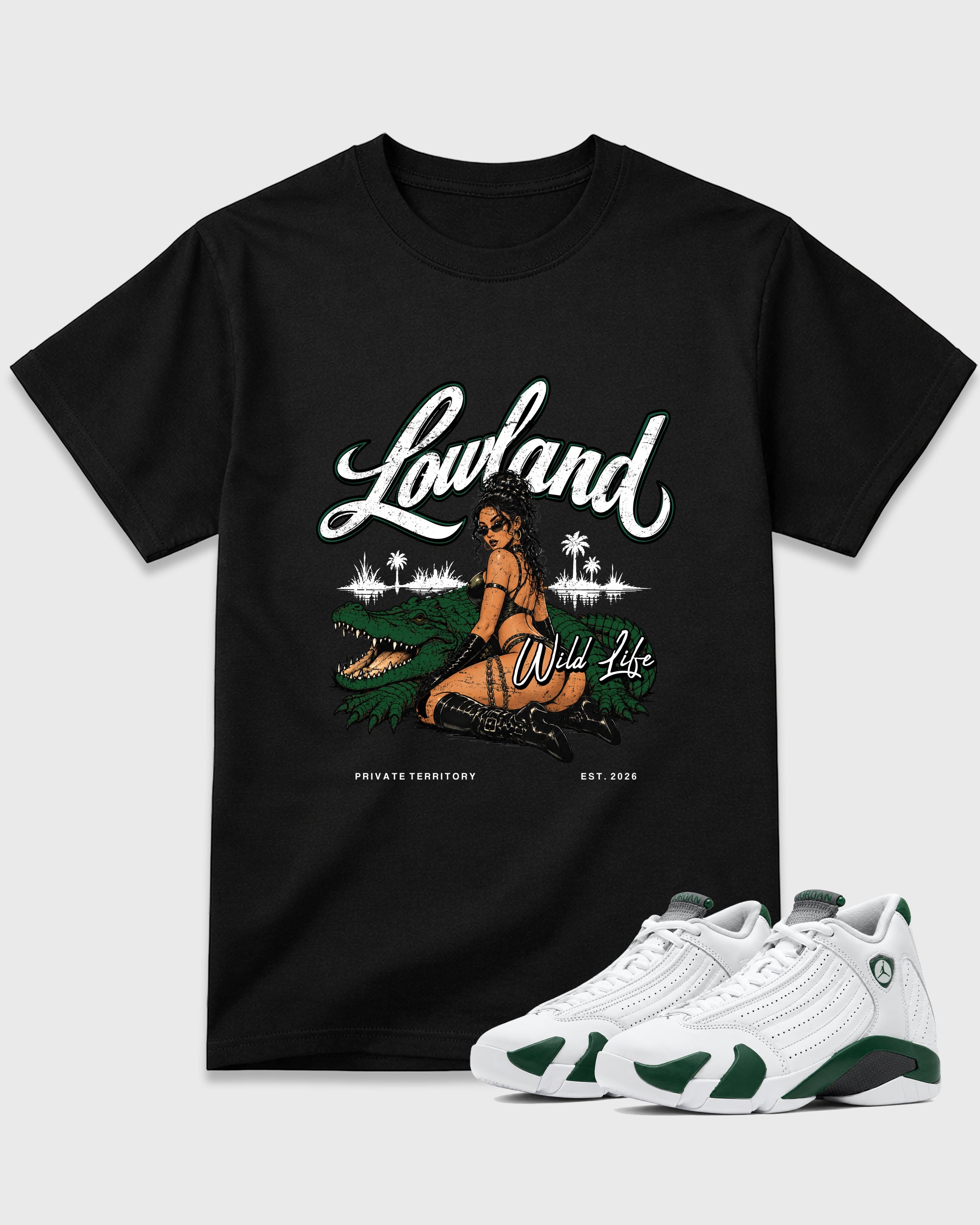 Lowland Graphic T-Shirt featuring original streetwear artwork designed to match the Air Jordan 14 Forest Green. Black 1 Graphic T-Shirt.
