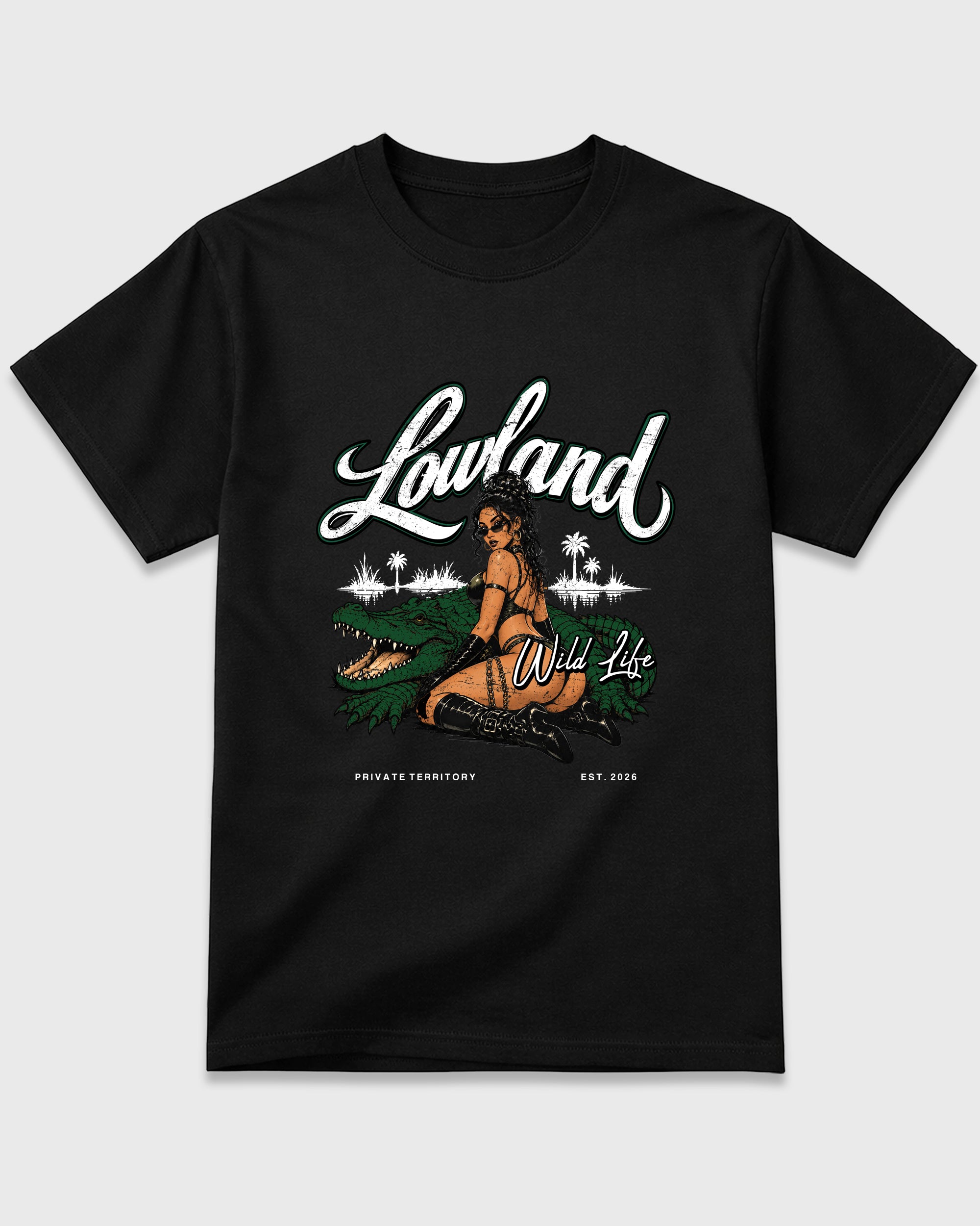 Lowland Graphic T-Shirt featuring original streetwear artwork designed to match the Air Jordan 14 Forest Green. Black 2 Graphic T-Shirt.