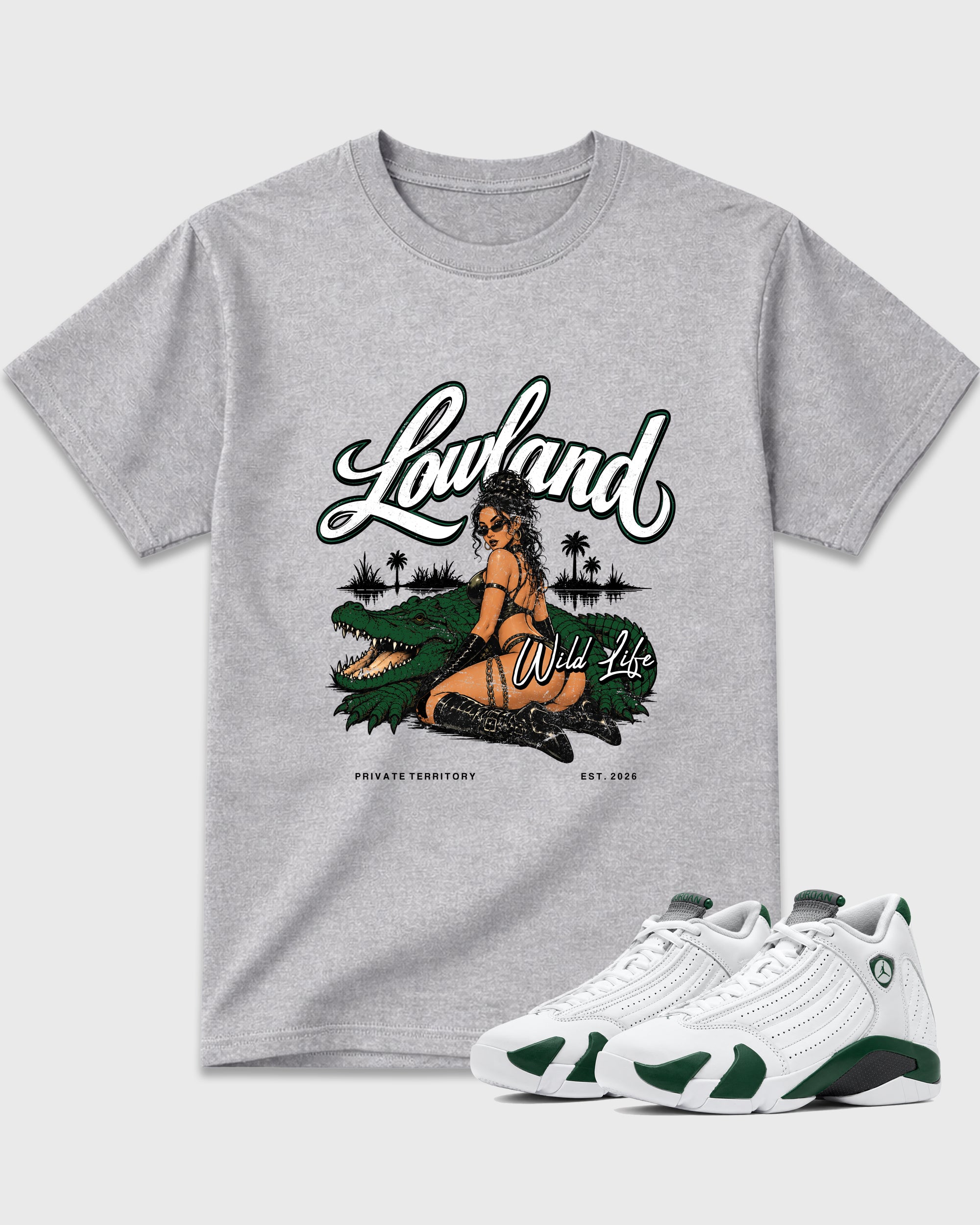 Lowland Graphic T-Shirt featuring original streetwear artwork designed to match the Air Jordan 14 Forest Green. Heather Grey 1 Graphic T-Shirt.