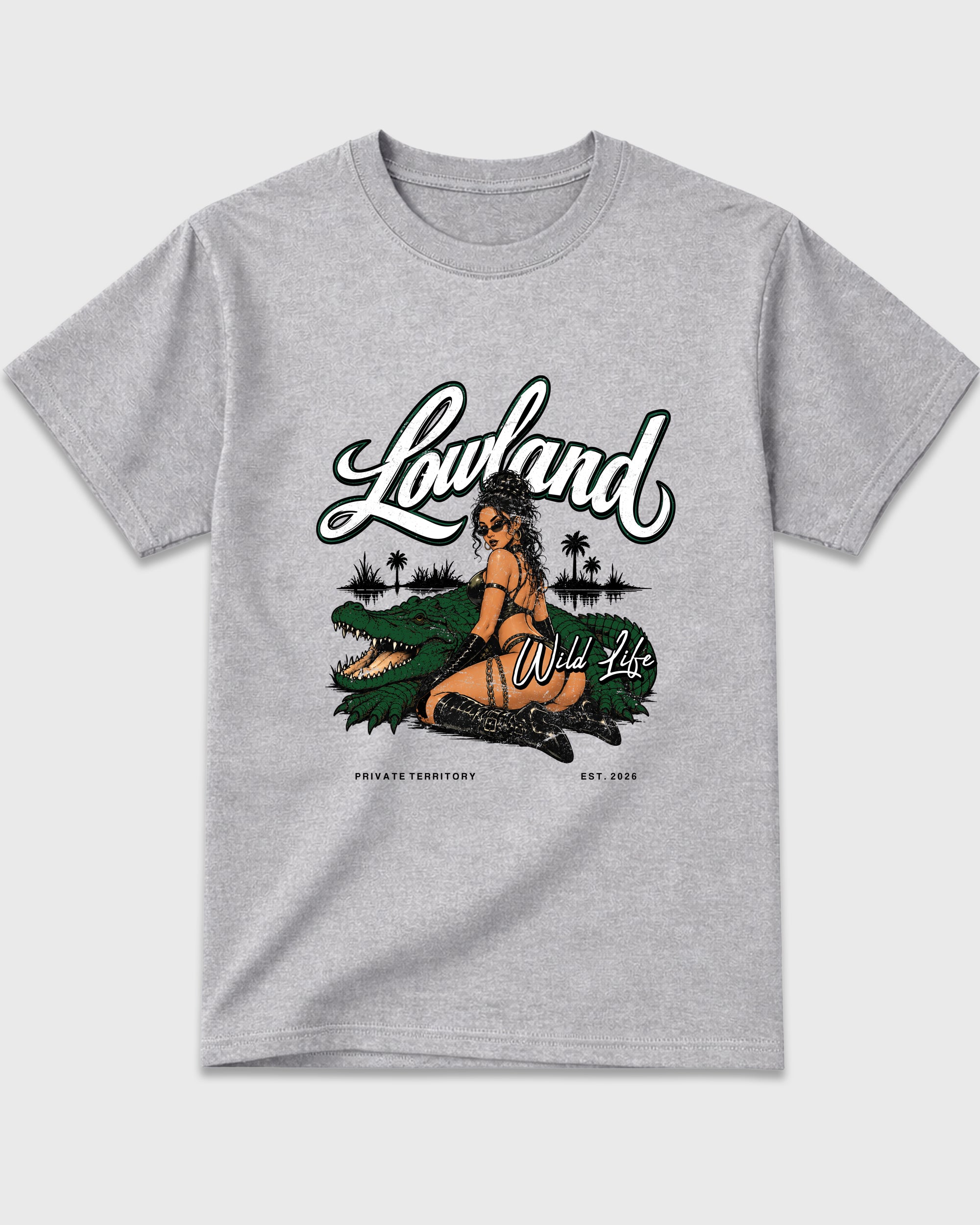 Lowland Graphic T-Shirt featuring original streetwear artwork designed to match the Air Jordan 14 Forest Green. Heather Grey 2 Graphic T-Shirt.
