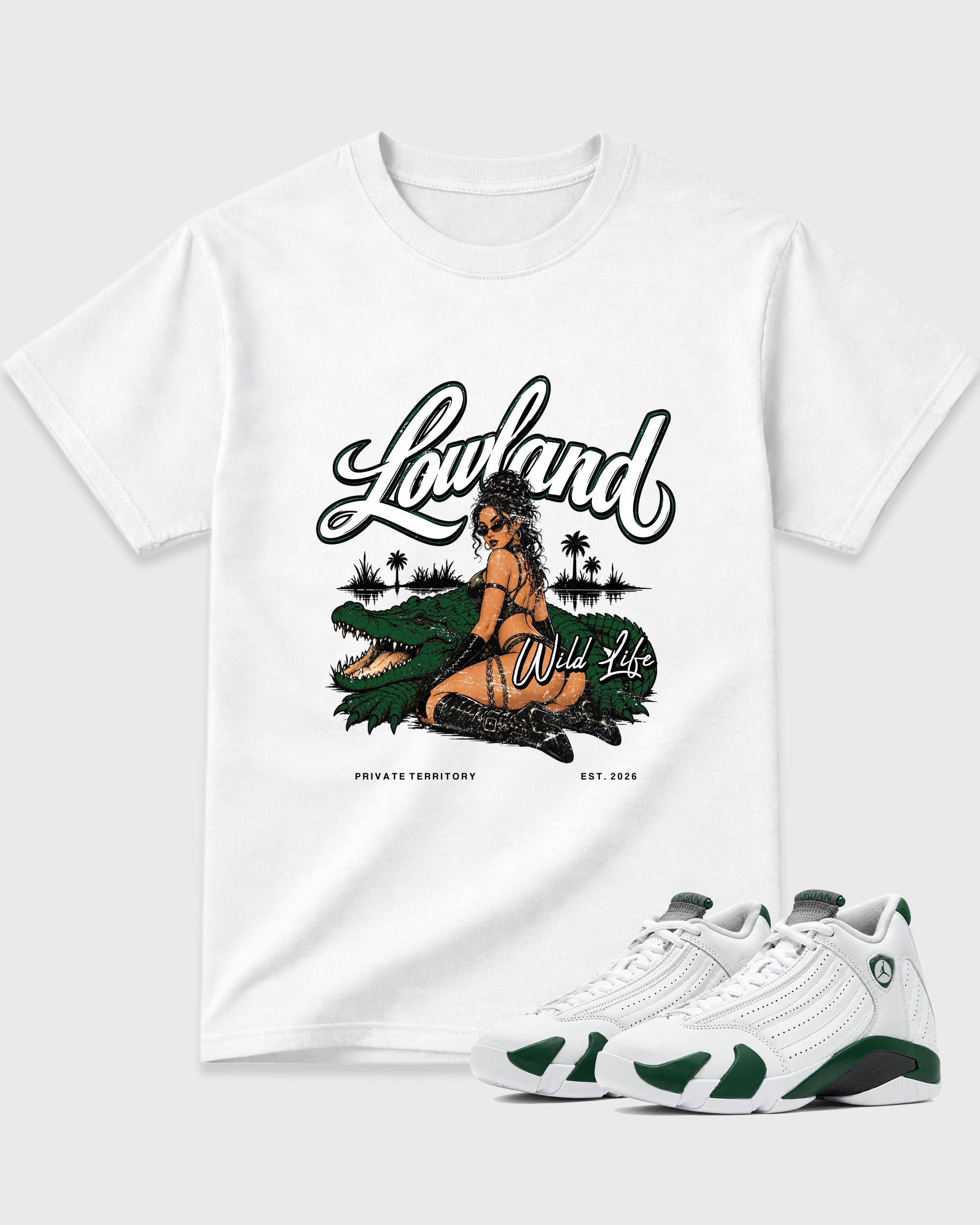 Lowland Graphic T-Shirt featuring original streetwear artwork designed to match the Air Jordan 14 Forest Green. White 1 Graphic T-Shirt.