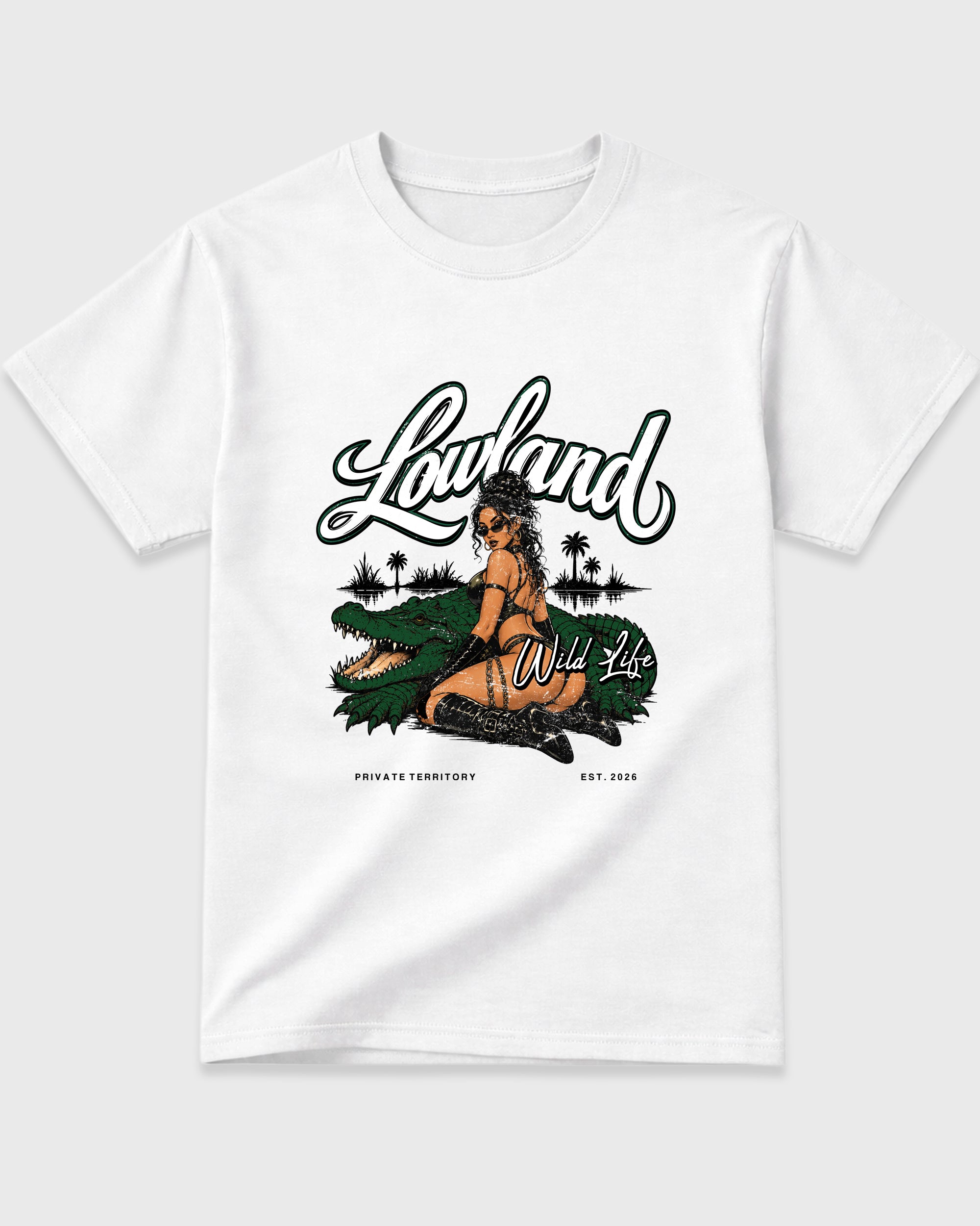 Lowland Graphic T-Shirt featuring original streetwear artwork designed to match the Air Jordan 14 Forest Green. White 2 Graphic T-Shirt.